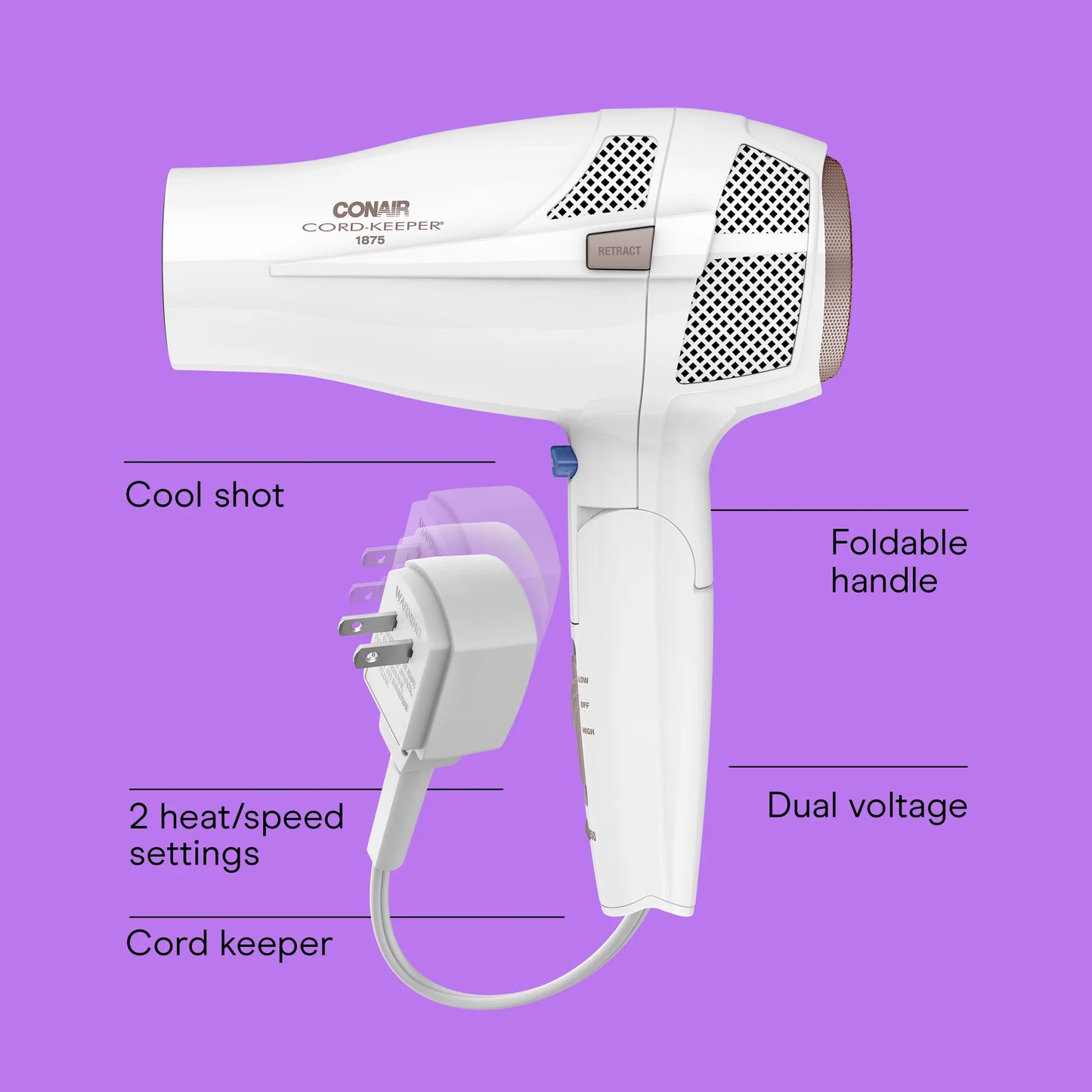 Conair Double Ceramic Travel Hair Dryer, 1875 Watts, Dual Voltage, Folding Handle