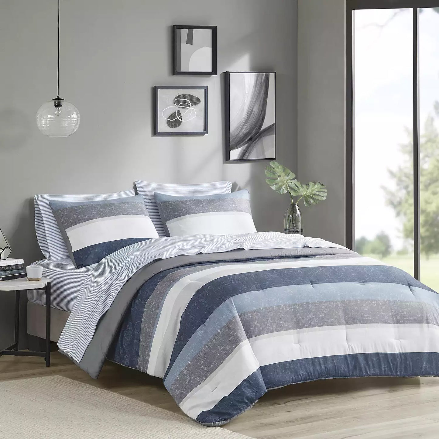 Madison Park Essentials Deacon Modern Stripe Comforter Set with Bed Sheets-King