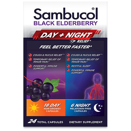 Sambucol Black Elderberry Day & Night Cough Relief - Immune Support Capsules - 24ct