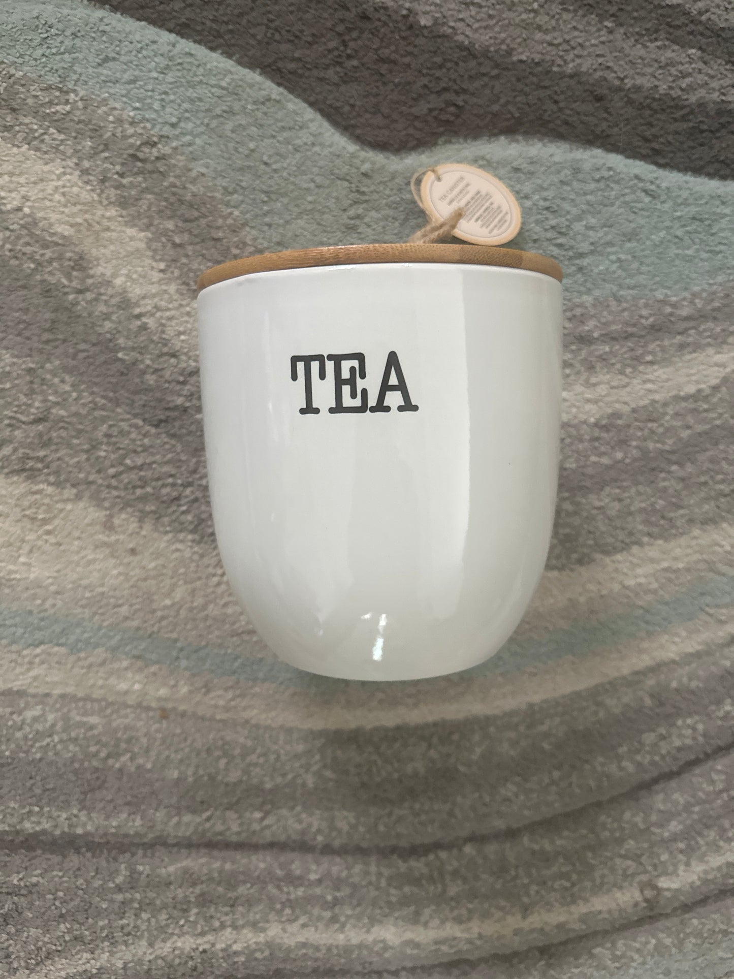 Ceramic Tea Canister Bamboo Wood Lid Off White Farmhouse Storage Prep Collection