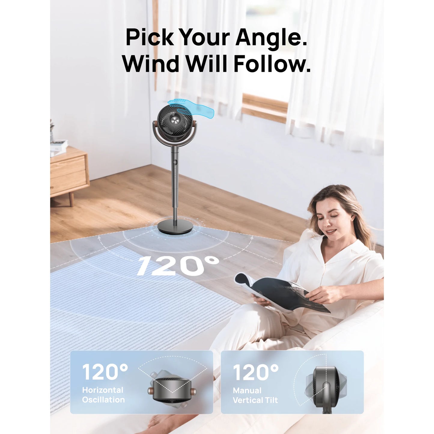 Dreo Quiet Osciallating Pedestal Fan, 9 Speeds, 3 Modes, 120°+120° Oscillating Quiet Fan