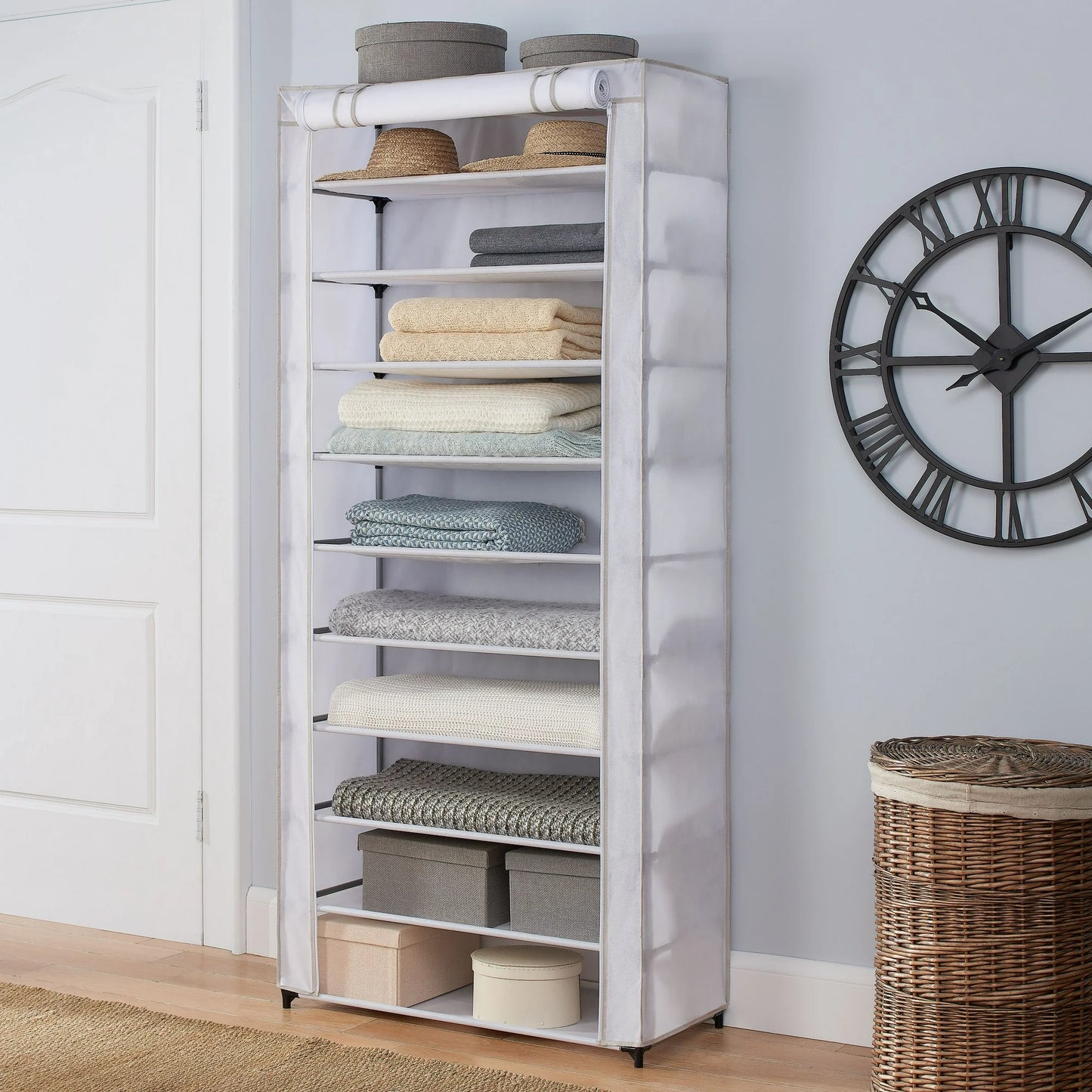 Mainstays 10 Shelf Organizer Shoe Rack with Cover to Hold 30 Pair Shoes, 31.5 in W x 13.46 in D x 69.09 in H, White