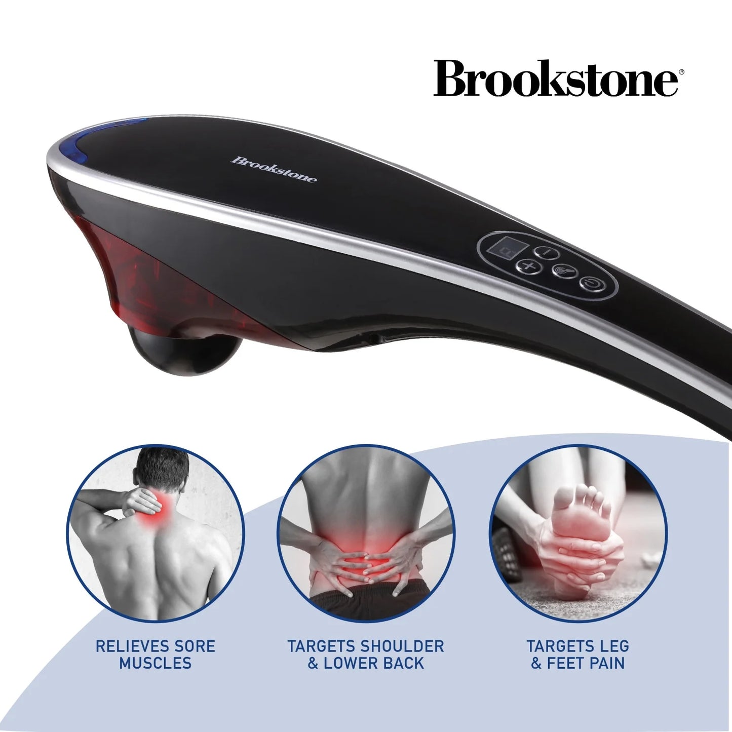 Brookstone Handheld Percussion Body Massager, 4 Vibration Modes, 5 Interchangeable Heads, Black