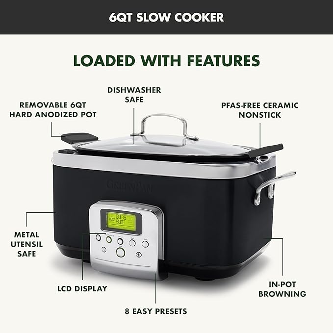 GreenPan Elite 8-in-1 Programmable 6QT Electric Slow Cooker, Dishwasher Safe Lid & Removable Crock, PFAS-Free Healthy Ceramic Nonstick Multi-Cooker, Sear, Sauté, Brown, Steam Basket, Roast, Black