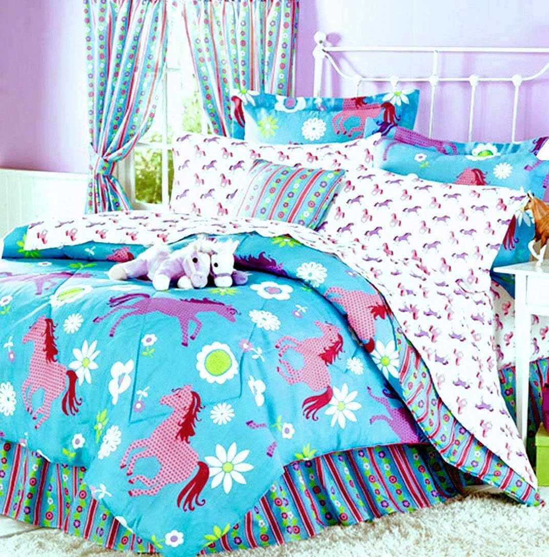 Girls Turquoise Blue & Pink Pony Horse Comforter Set (Bed in a Bag) (Queen Size)