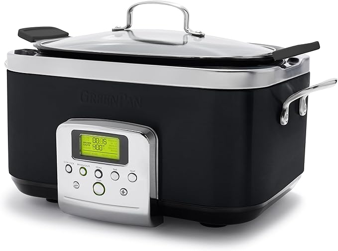 GreenPan Elite 8-in-1 Programmable 6QT Electric Slow Cooker, Dishwasher Safe Lid & Removable Crock, PFAS-Free Healthy Ceramic Nonstick Multi-Cooker, Sear, Sauté, Brown, Steam Basket, Roast, Black