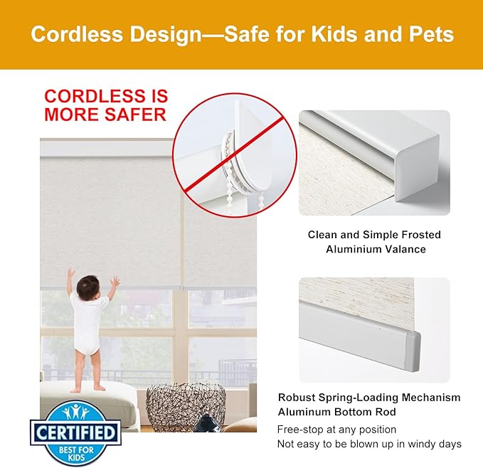 Persilux Free-Stop Cordless 100% Blackout Roller Blinds for Windows Shades with Natural Woven Fabric UV Protection Privacy Thermal Insulated Roller Shades for Windows, Bedroom, Cream 34.5" W x 64" H