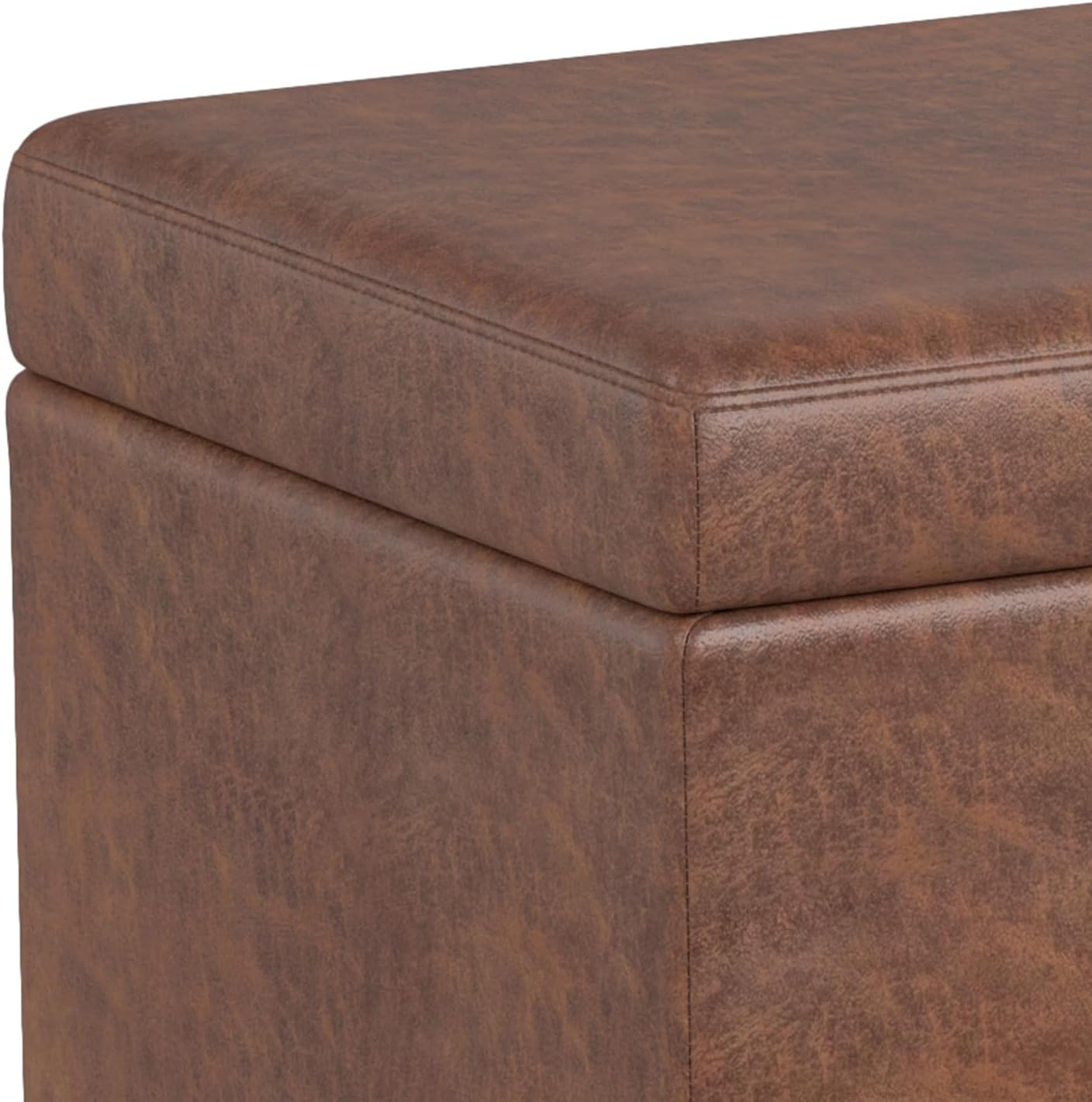 Avalon 54 in. Rectangle Extra Large Storage Ottoman Bench in Distressed Saddle Brown Vegan Faux Leather, Assembled