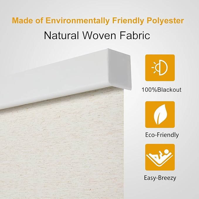 Persilux Free-Stop Cordless 100% Blackout Roller Blinds for Windows Shades with Natural Woven Fabric UV Protection Privacy Thermal Insulated Roller Shades for Windows, Bedroom, Cream 34.5" W x 64" H
