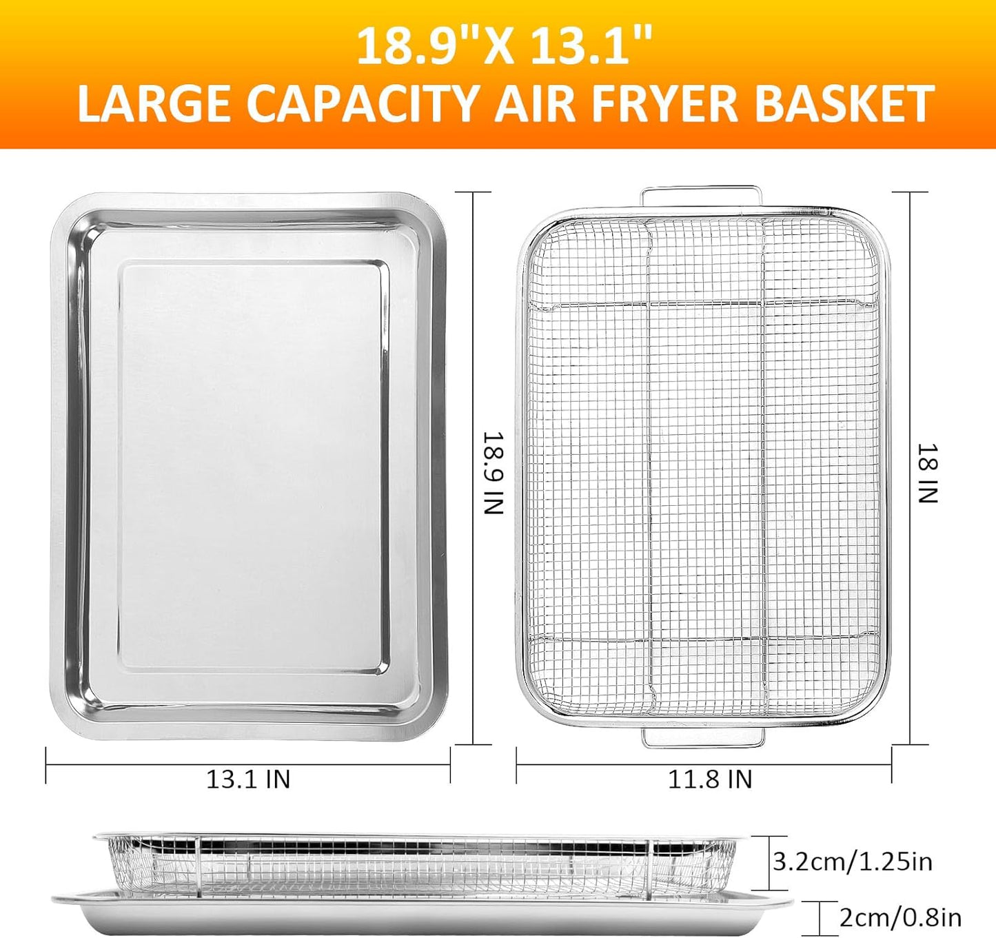 Air Fryer Basket for Oven, 18.9" x 13.1" Stainless Steel Oven Air Fryer Basket and Tray, Large Capacity Air Fryer Tray, Non-stick Mesh Basket Set for Bacon, Fries, Chicken, Vegetables, etc.