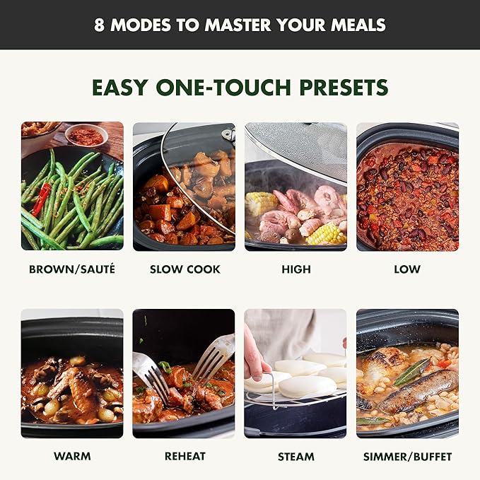 GreenPan Elite 8-in-1 Programmable 6QT Electric Slow Cooker, Dishwasher Safe Lid & Removable Crock, PFAS-Free Healthy Ceramic Nonstick Multi-Cooker, Sear, Sauté, Brown, Steam Basket, Roast, Black