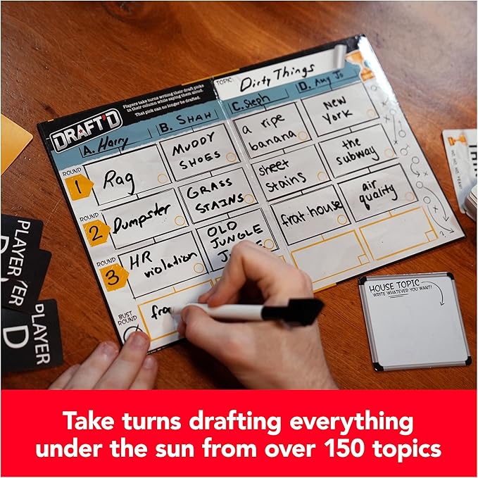 Spin Master Games, Draft’d, Competitive Drafting Party Game with Hilarious Prompts for College Nights, Football Watch Parties, Happy Hour Activity, for Teens & Adults, 3-5 Players, for Ages 14 & Up