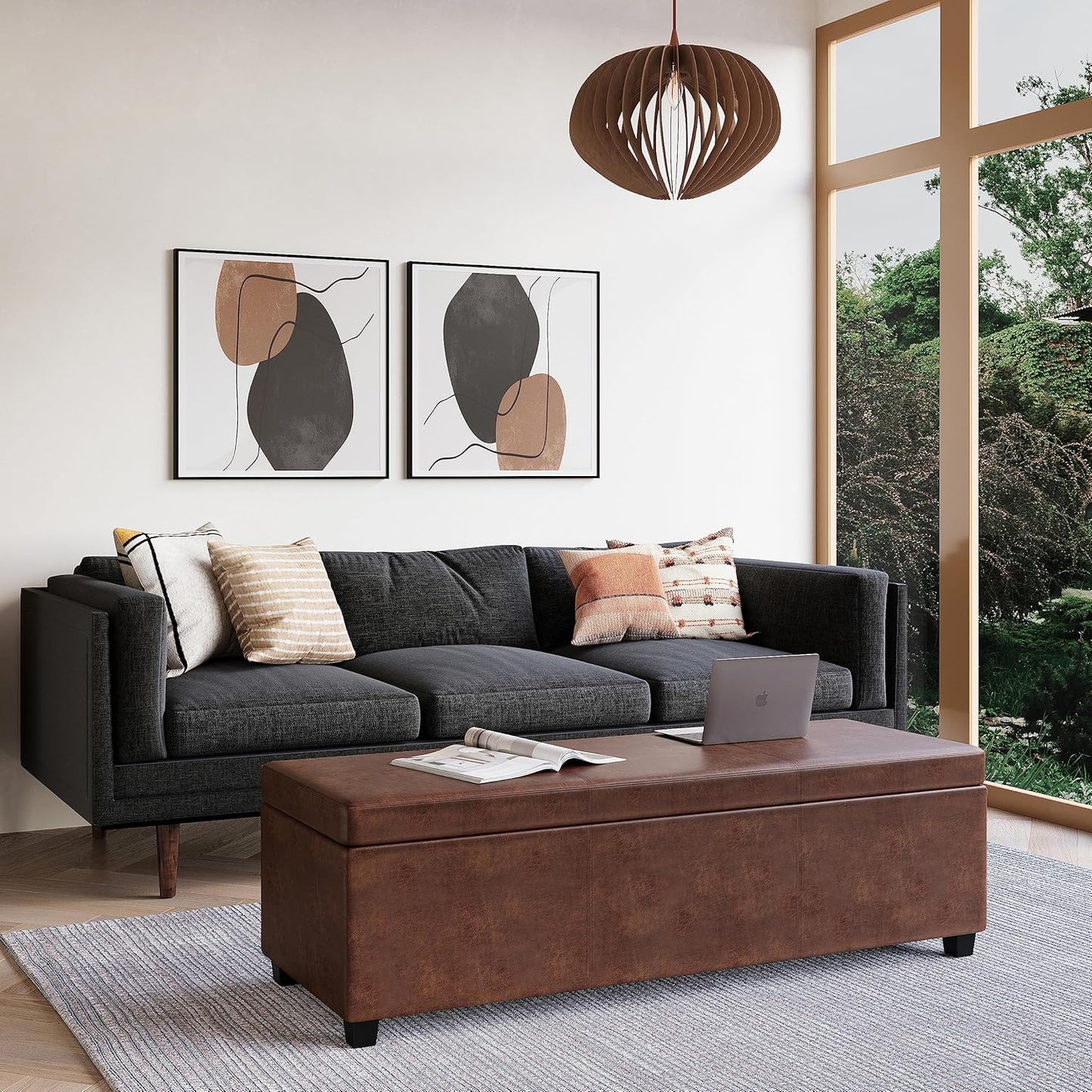 Avalon 54 in. Rectangle Extra Large Storage Ottoman Bench in Distressed Saddle Brown Vegan Faux Leather, Assembled