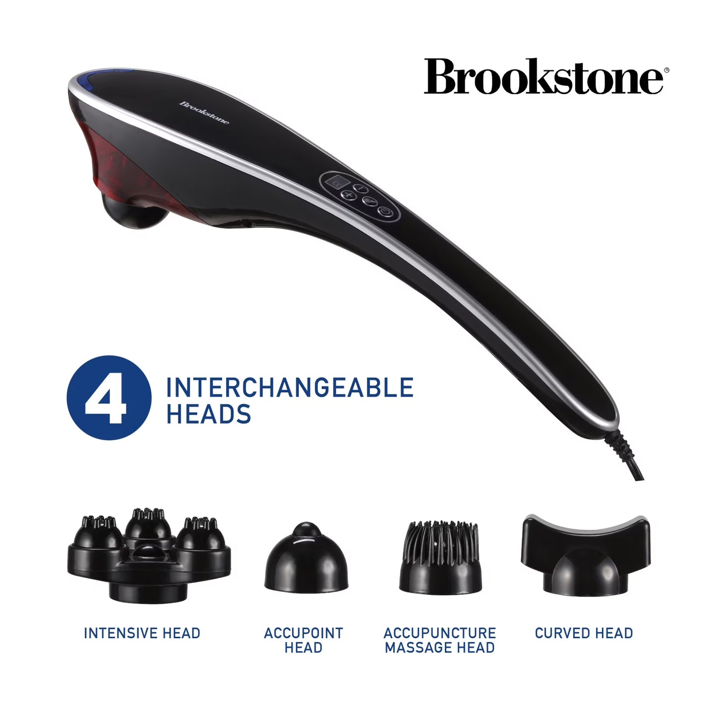 Brookstone Handheld Percussion Body Massager, 4 Vibration Modes, 5 Interchangeable Heads, Black