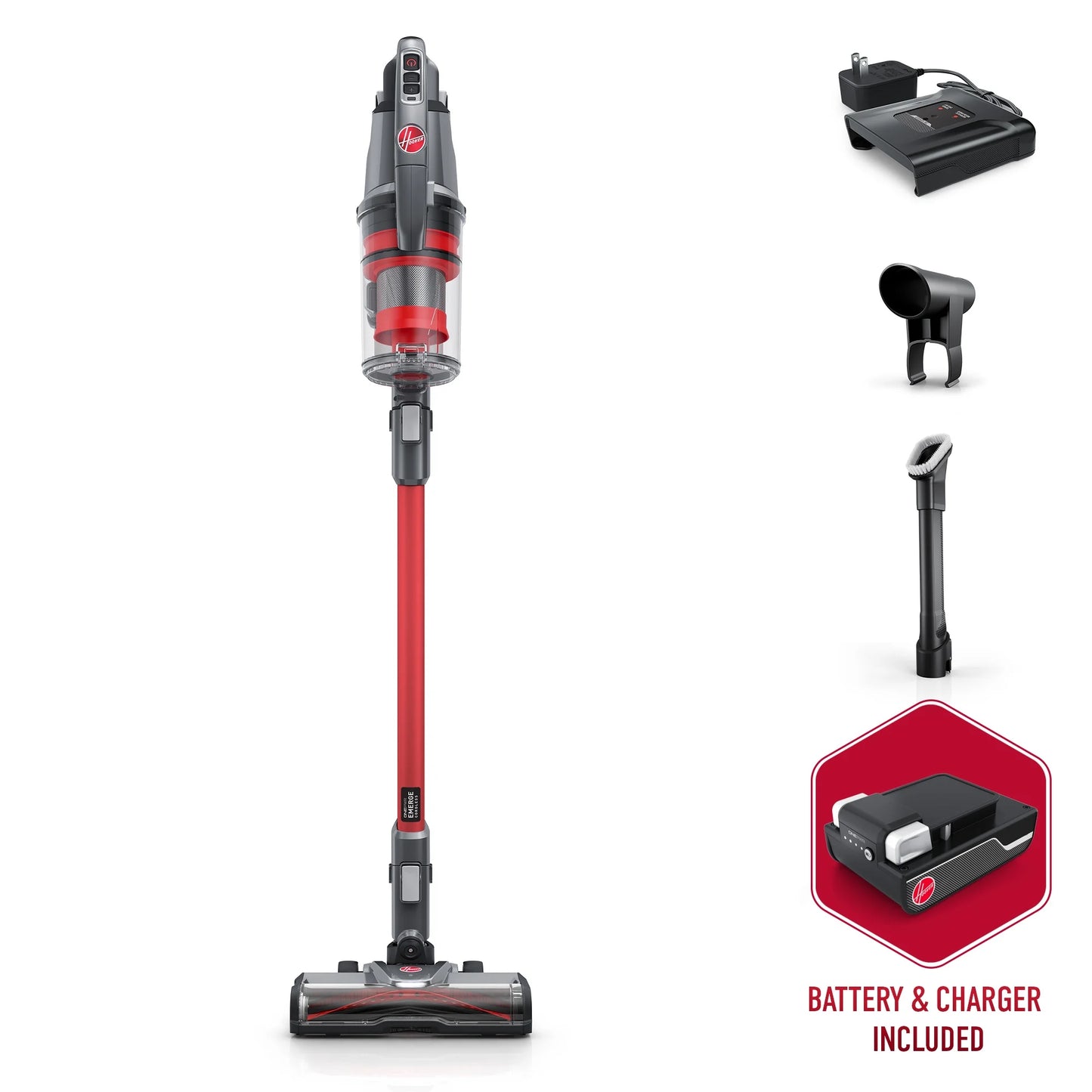 Hoover ONEPWR, Cordless Stick Vacuum Cleaner, Emerge Essentials, Carpet, Hard Floor, Upholstery, Pet Hair Tangle Guard, Removable Hand Vacuum, 45 Min. Run Time, For Home Use, BH53610V