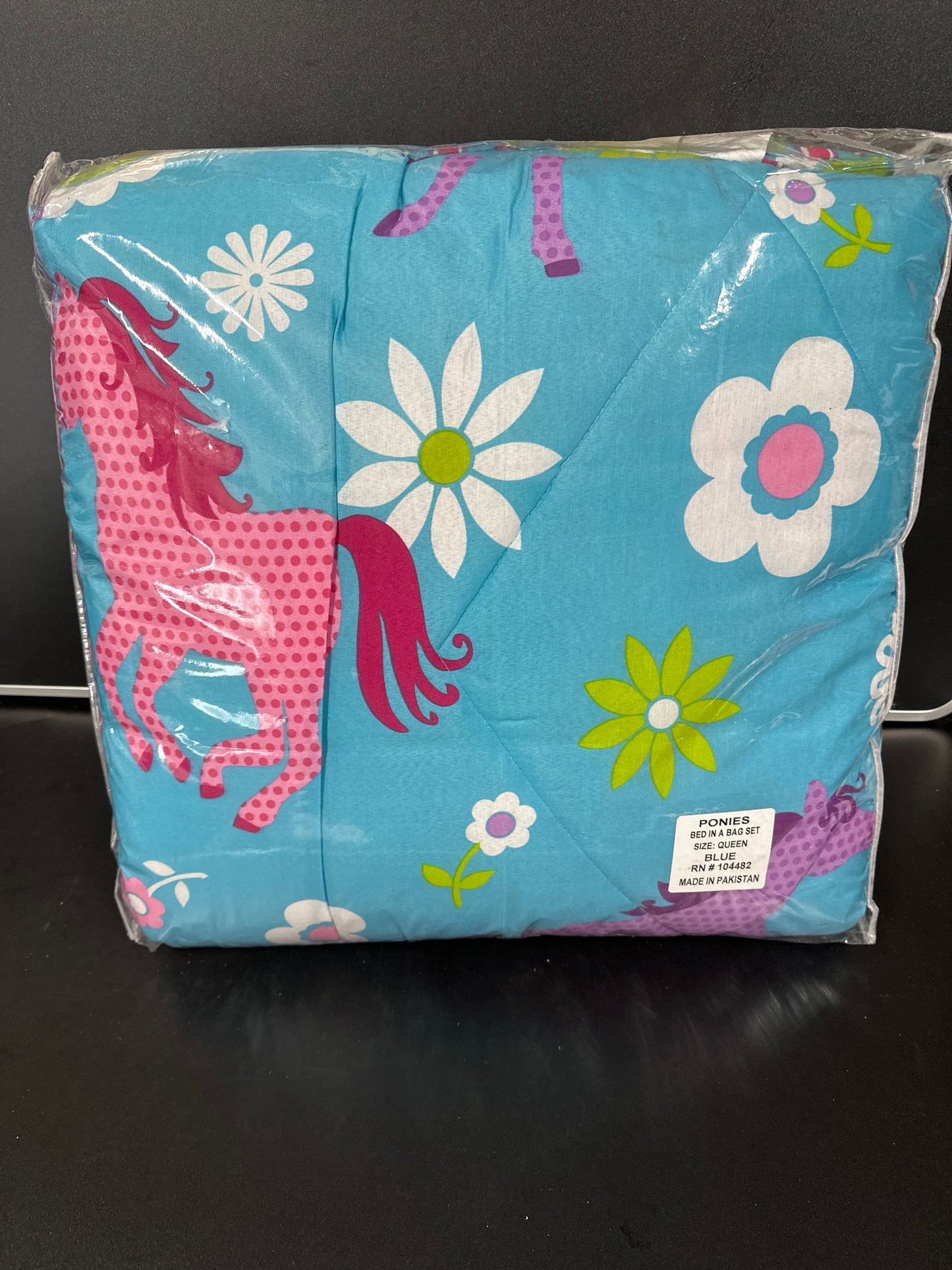 Girls Turquoise Blue & Pink Pony Horse Comforter Set (Bed in a Bag) (Queen Size)