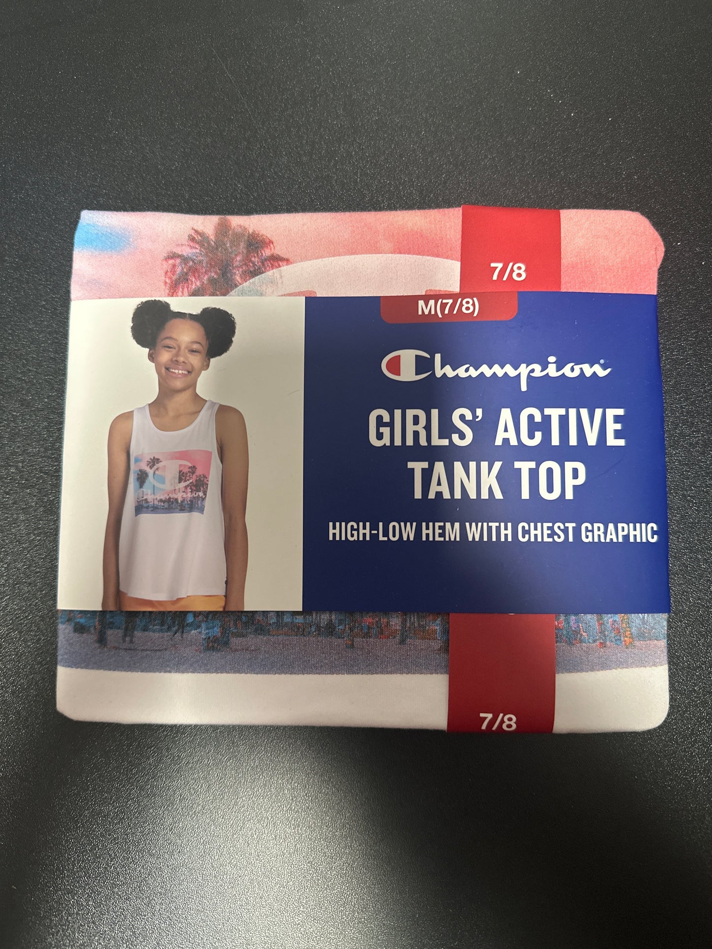 champion girls active tank top high low hem with chest graphic (M)