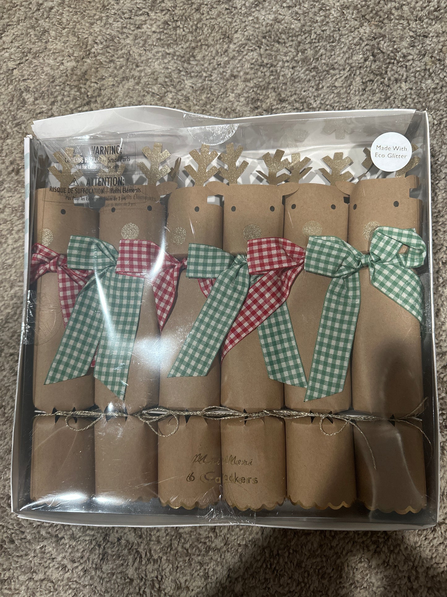 Christmas Gingham Bow Reindeer Crackers, Set of 6 Meri Meri Reindeer Crackers, Fun Christmas Party Favors and Stocking Stuffers!