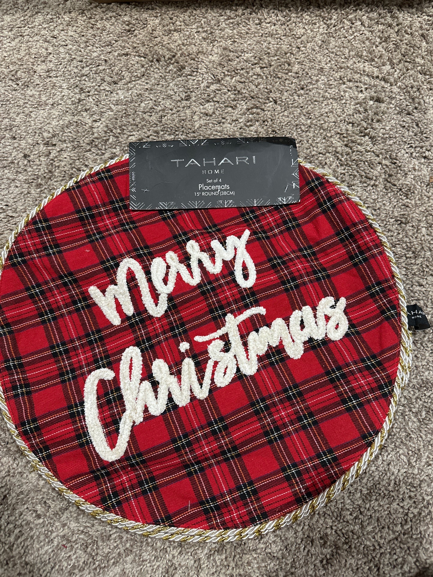TAHARI HOME Red Tartan Plaid MERRY CHRISTMAS 15" Round Placemats (SET OF 4)