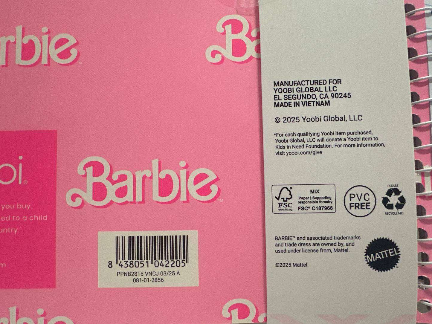 Barbie x Yoobi 1 Subject Spiral Notebook With Pen Wide Ruled 100 Sheets Pink