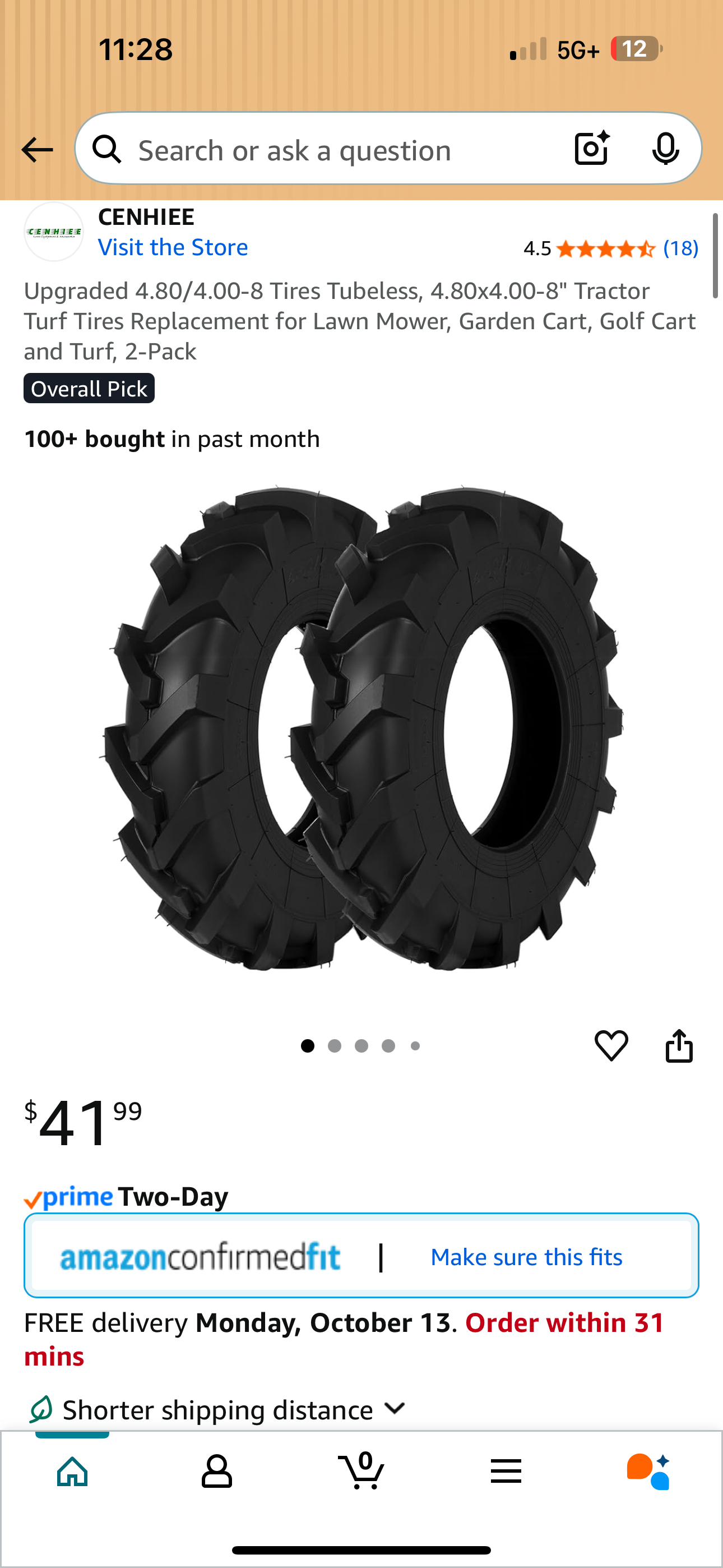 Upgraded 4.80/4.00-8 Tires Tubeless, 4.80x4.00-8" Tractor Turf Tires Replacement for Lawn Mower, Garden Cart, Golf Cart and Turf, 2-Pack