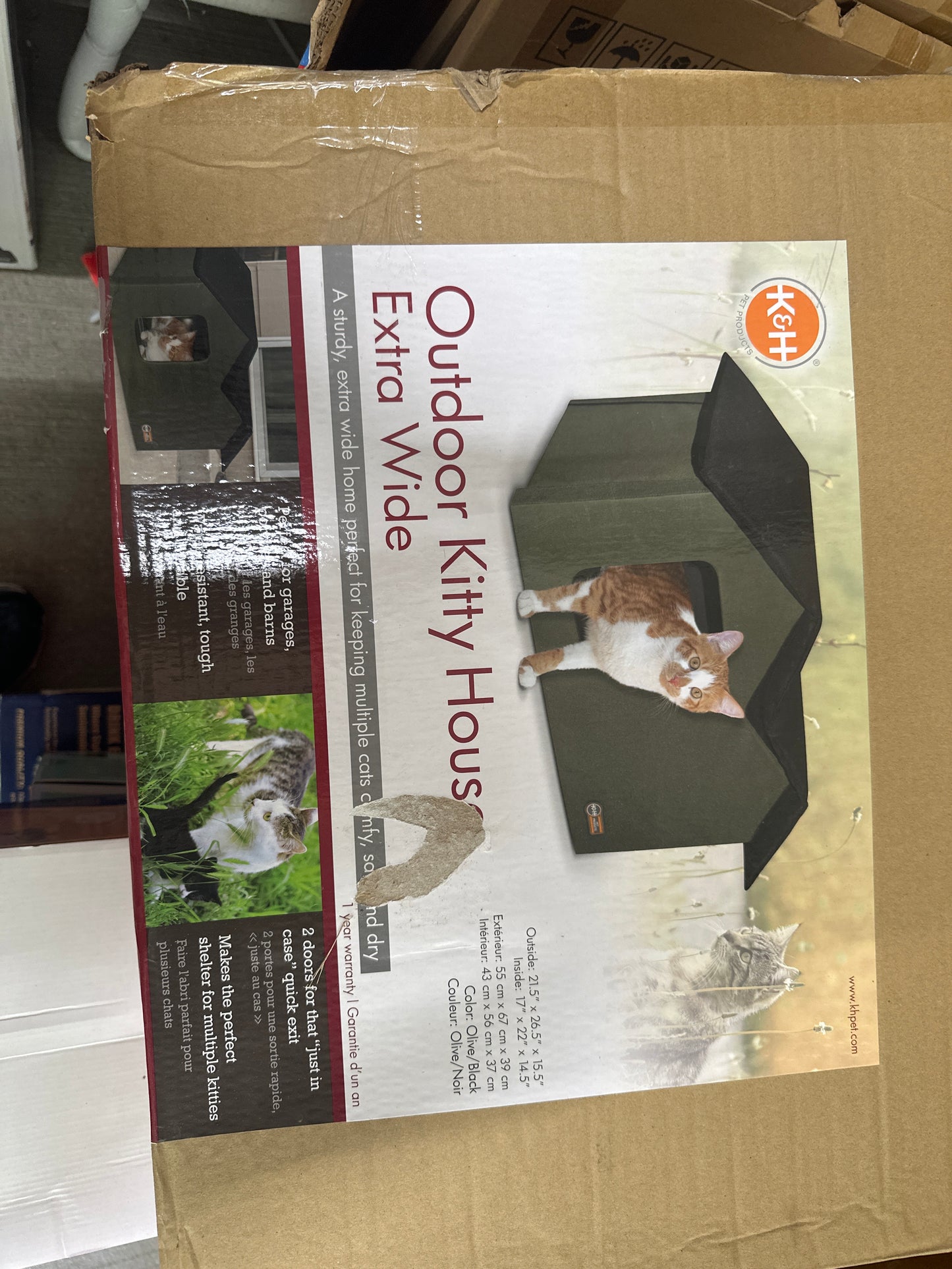 K&H Pet Products Extra-Wide Outdoor Cat House for Outside Pets, Weatherproof Outdoor House for Large Cats, Insulated Kitty Shelter, 2 Doors, Waterproof Removable Floor Pad, Unheated - Olive