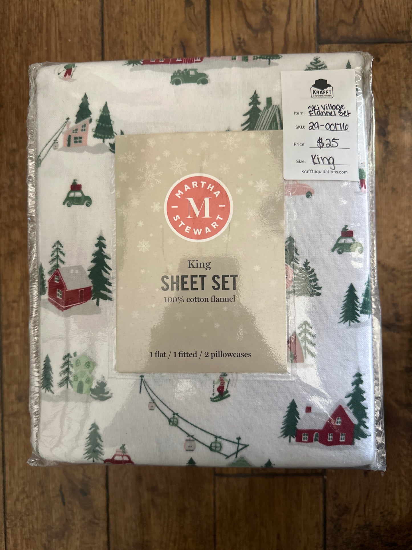 Martha Stewart Printed Cotton Flannel Sheet Set - Ski Village Green - King