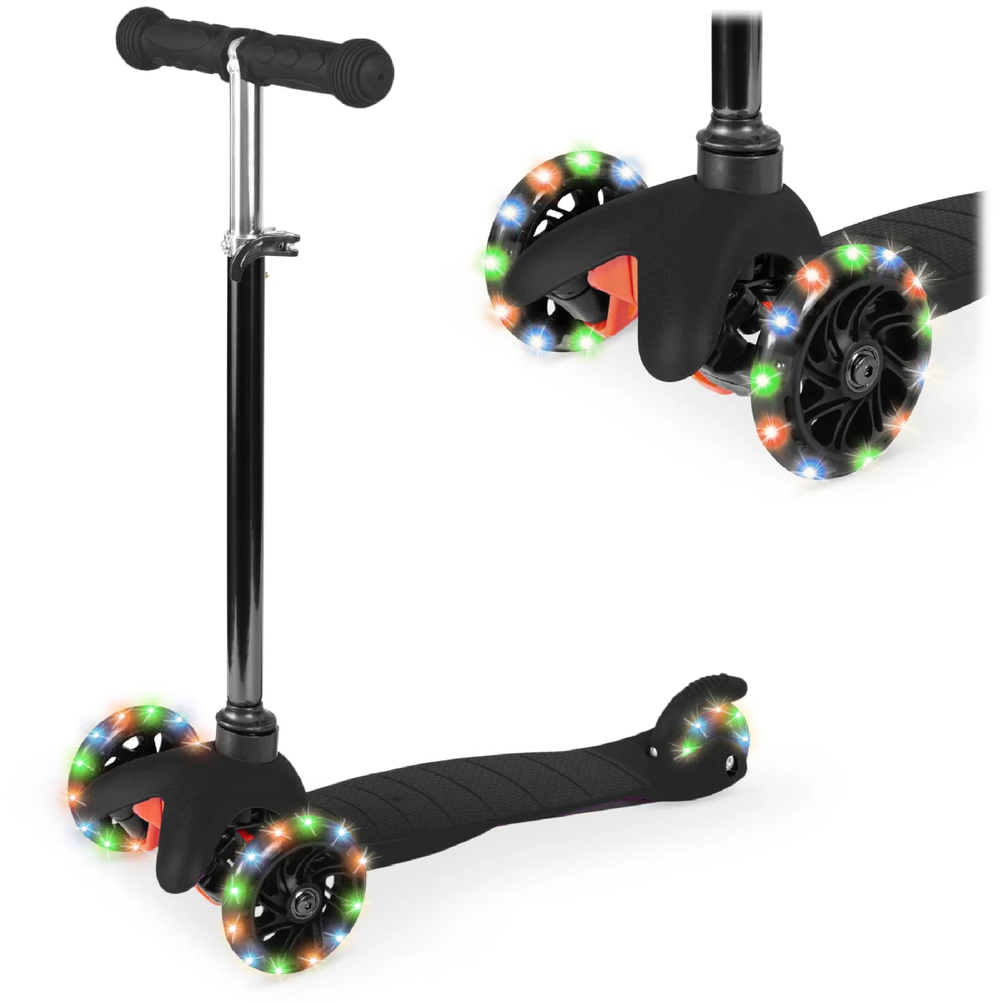 Kids Mini Kick Scooter Toy w/ Colorful Light-Up Wheels, Adjustable T-Bar (Black)