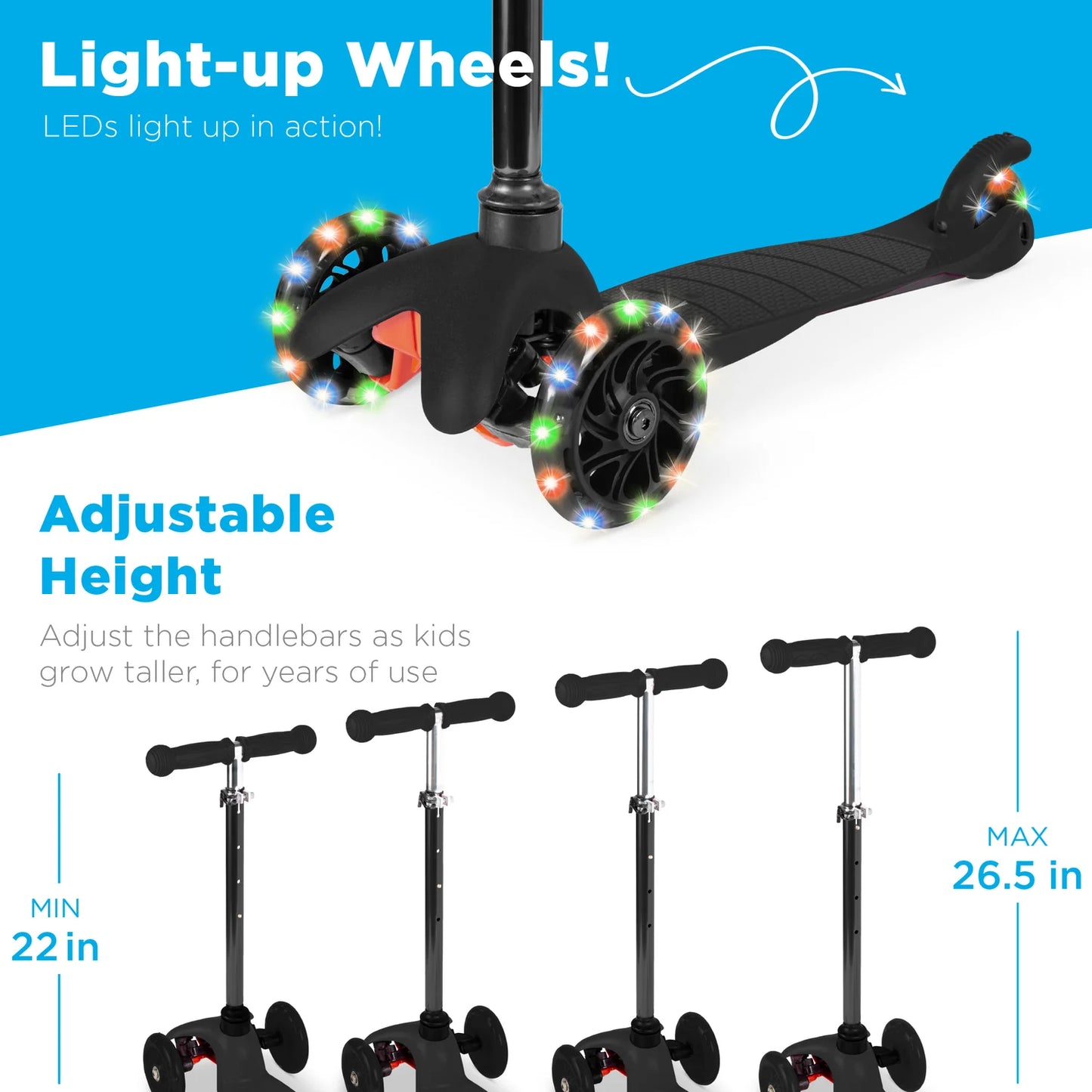 Kids Mini Kick Scooter Toy w/ Colorful Light-Up Wheels, Adjustable T-Bar (Black)