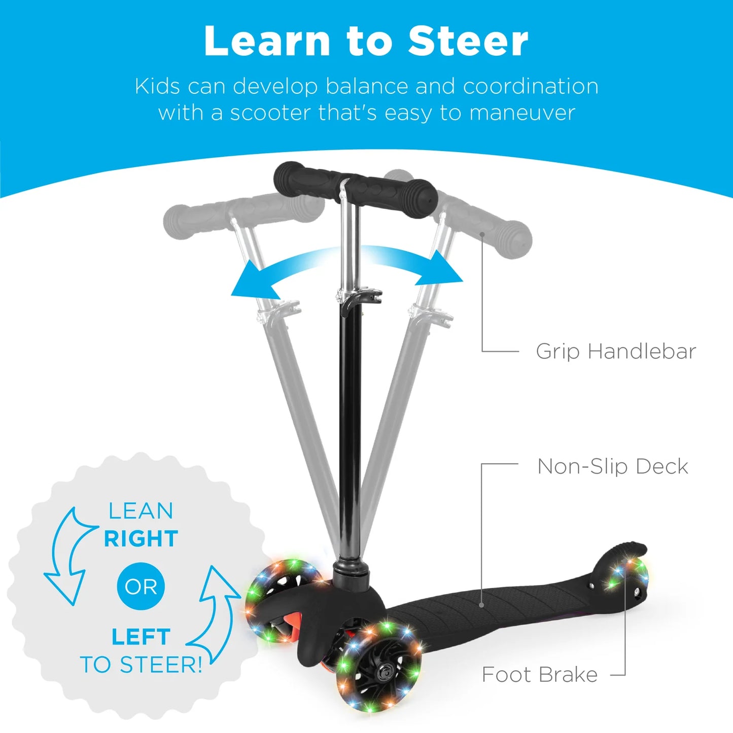 Kids Mini Kick Scooter Toy w/ Colorful Light-Up Wheels, Adjustable T-Bar (Black)
