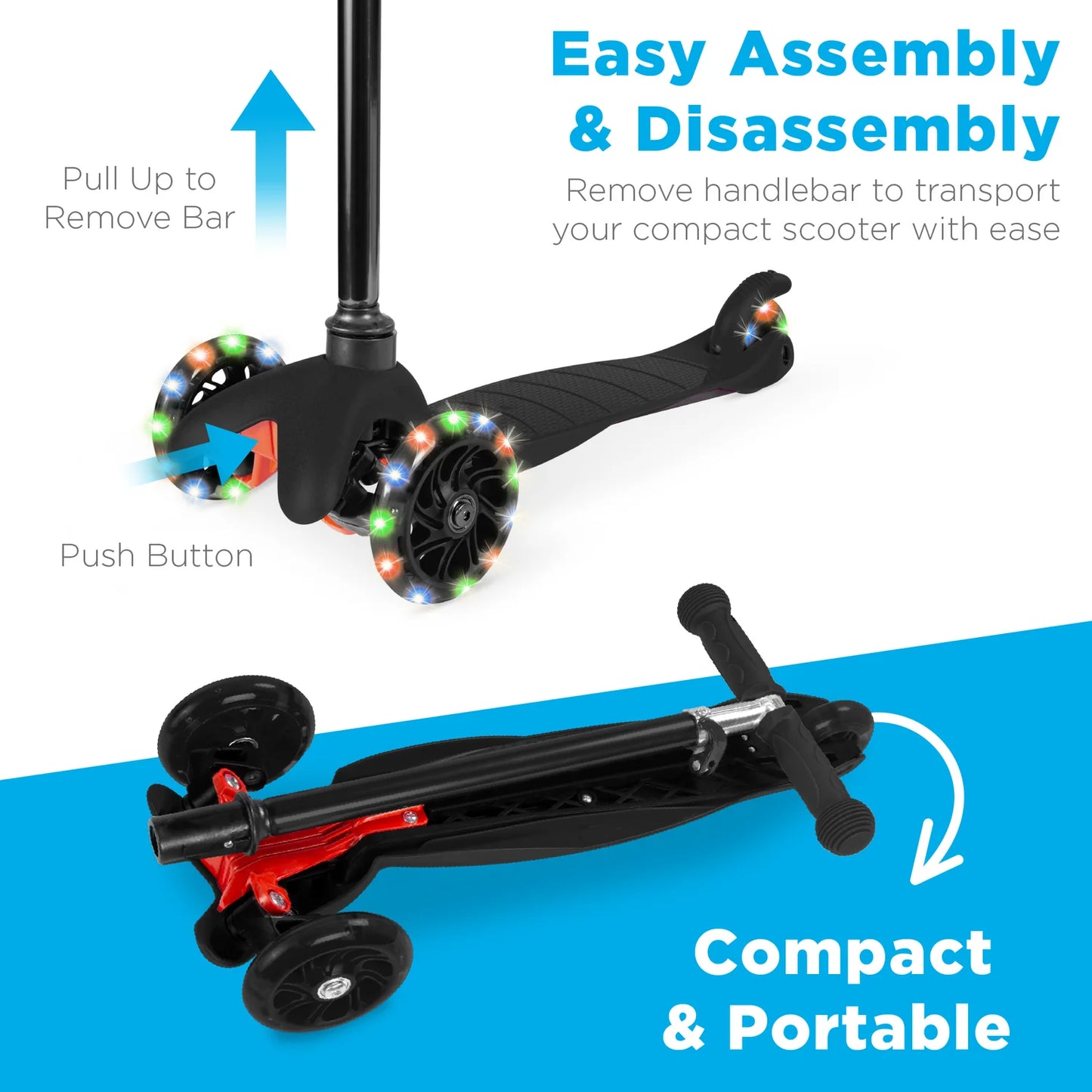 Kids Mini Kick Scooter Toy w/ Colorful Light-Up Wheels, Adjustable T-Bar (Black)