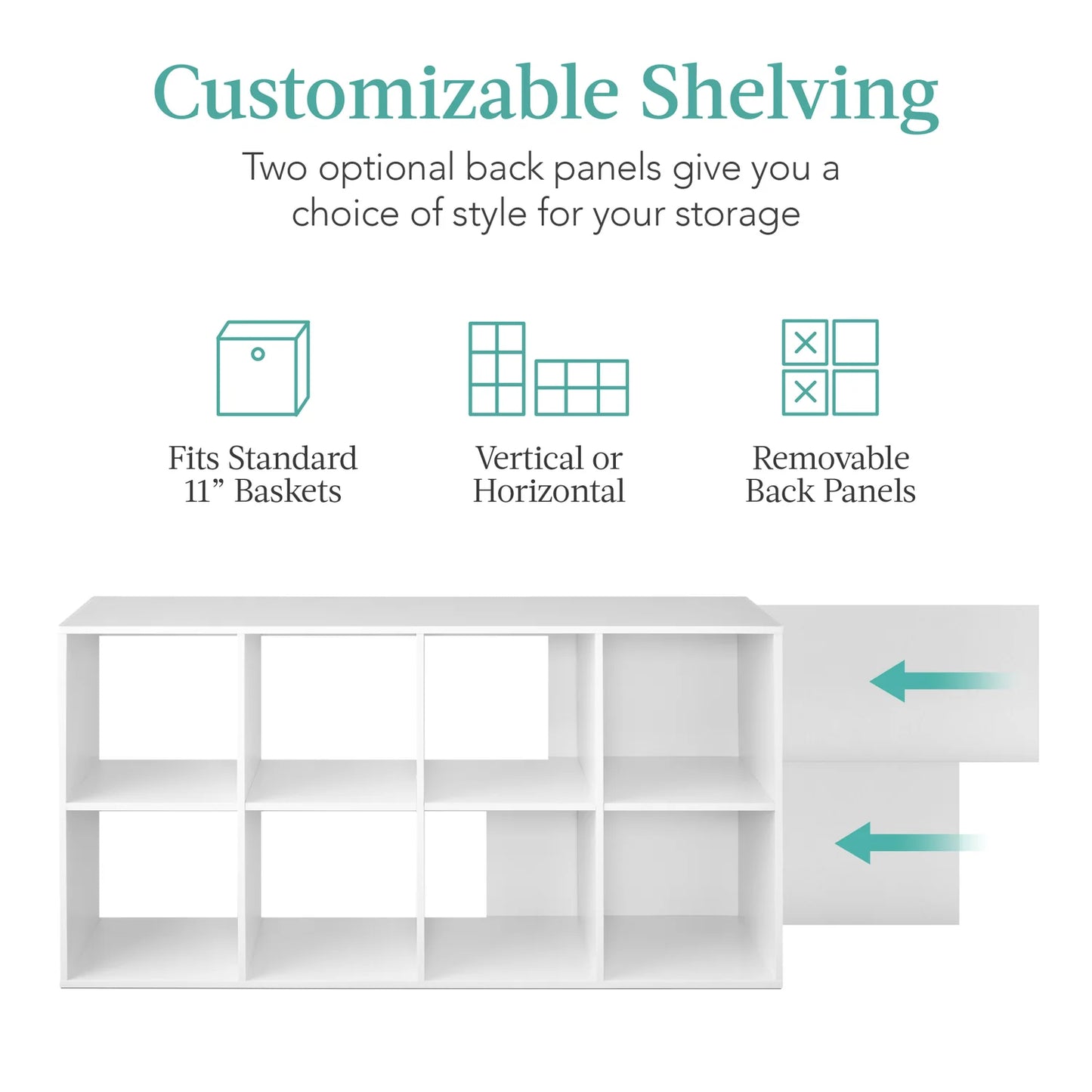 8-Cube Bookshelf, 11in Storage Display w/ Removable Panels, Customizable (White)