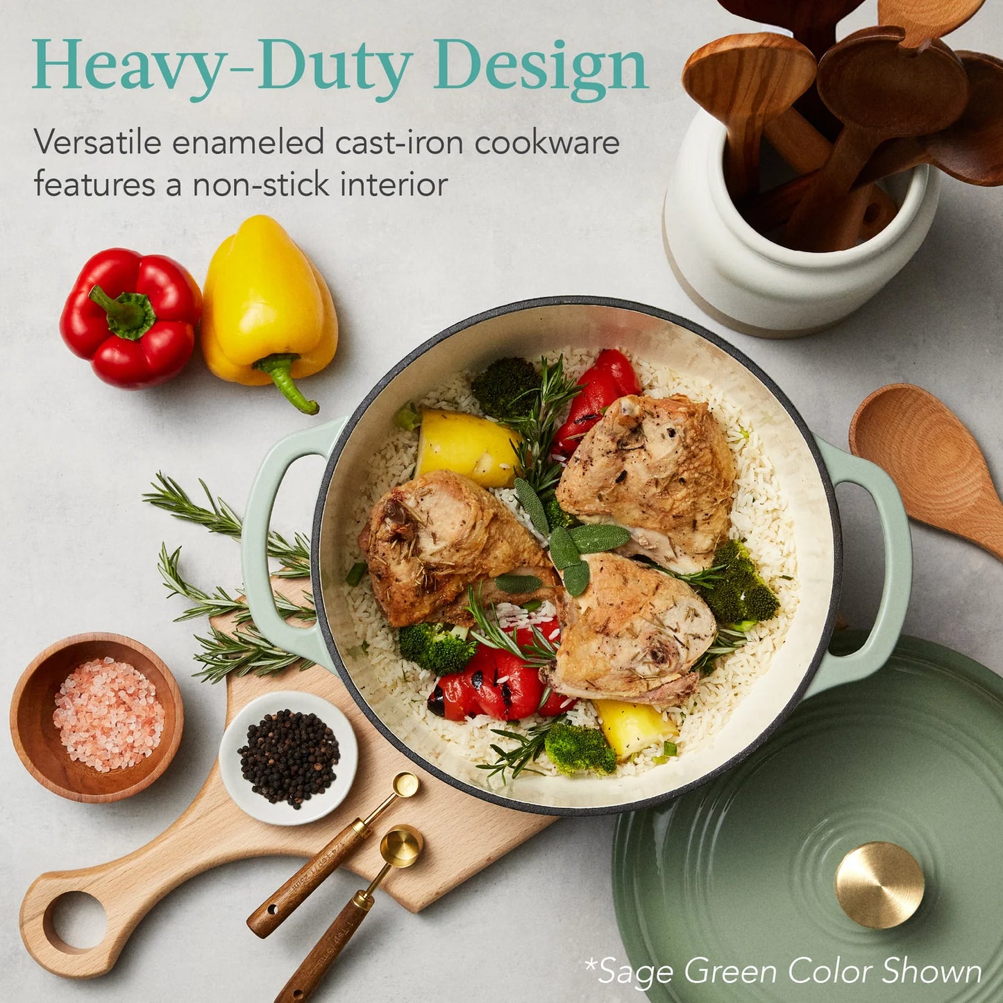 Cast-Iron Dutch Oven Kitchen Cookware w/ Enamel, Handles - 6qt (French Gray)