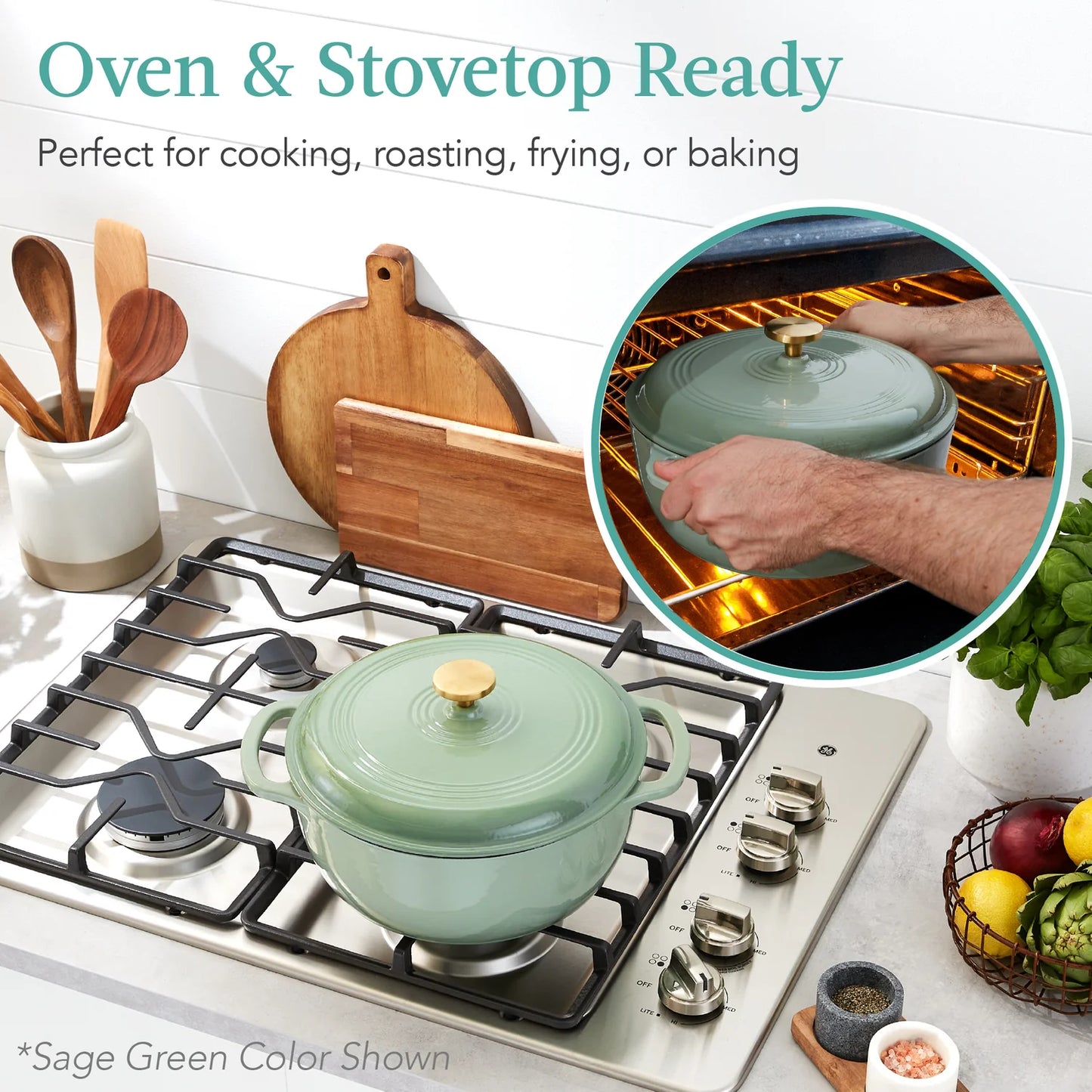 Cast-Iron Dutch Oven Kitchen Cookware w/ Enamel, Handles - 6qt (French Gray)