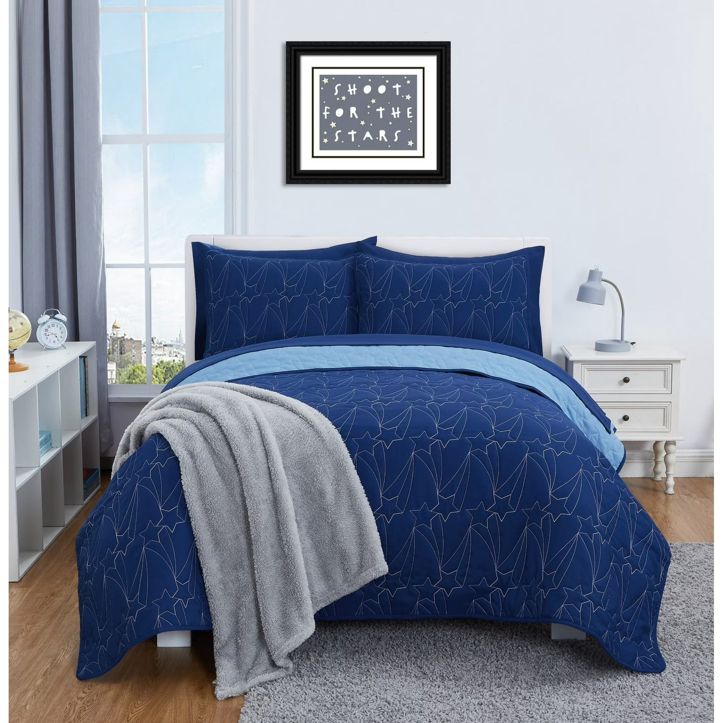 Your Zone Kids Navy Blue and Bright Blue Reversible Quilt Set with Blue Sheets, Stars, Full, 7 Piece, Microfiber Polyester