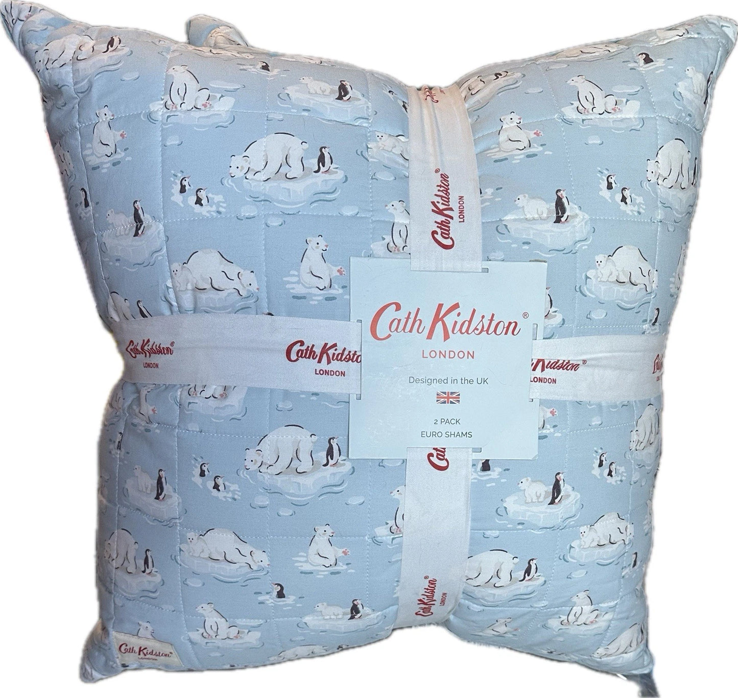 Cath Kidston Polar Ice Blue 2 Holiday Pillows Euro Shams Polar Bear and Penguins