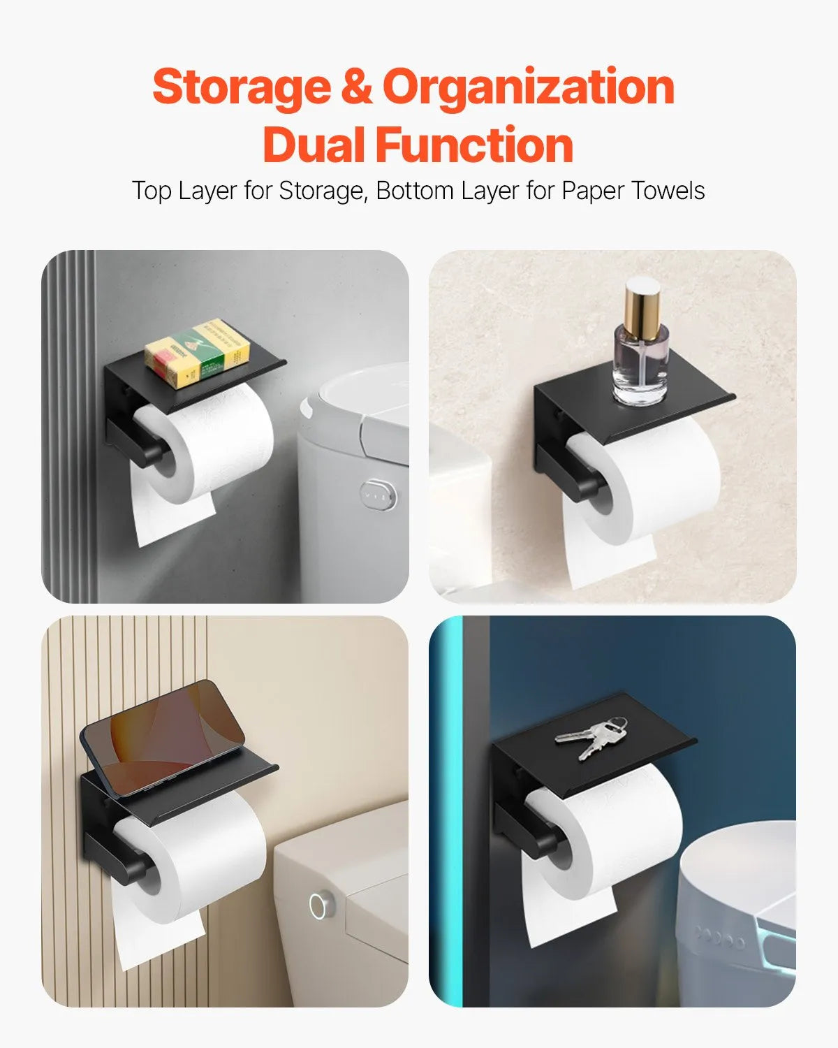 VEVOR Toilet Paper Holder with Shelf, Fits Mega Rolls Size, Stainless Steel Rustproof Material, Wall Mounted with Screws and Double-Sided Tape, Toilet Roll Tissue Holder for Bathroom, Matte Black