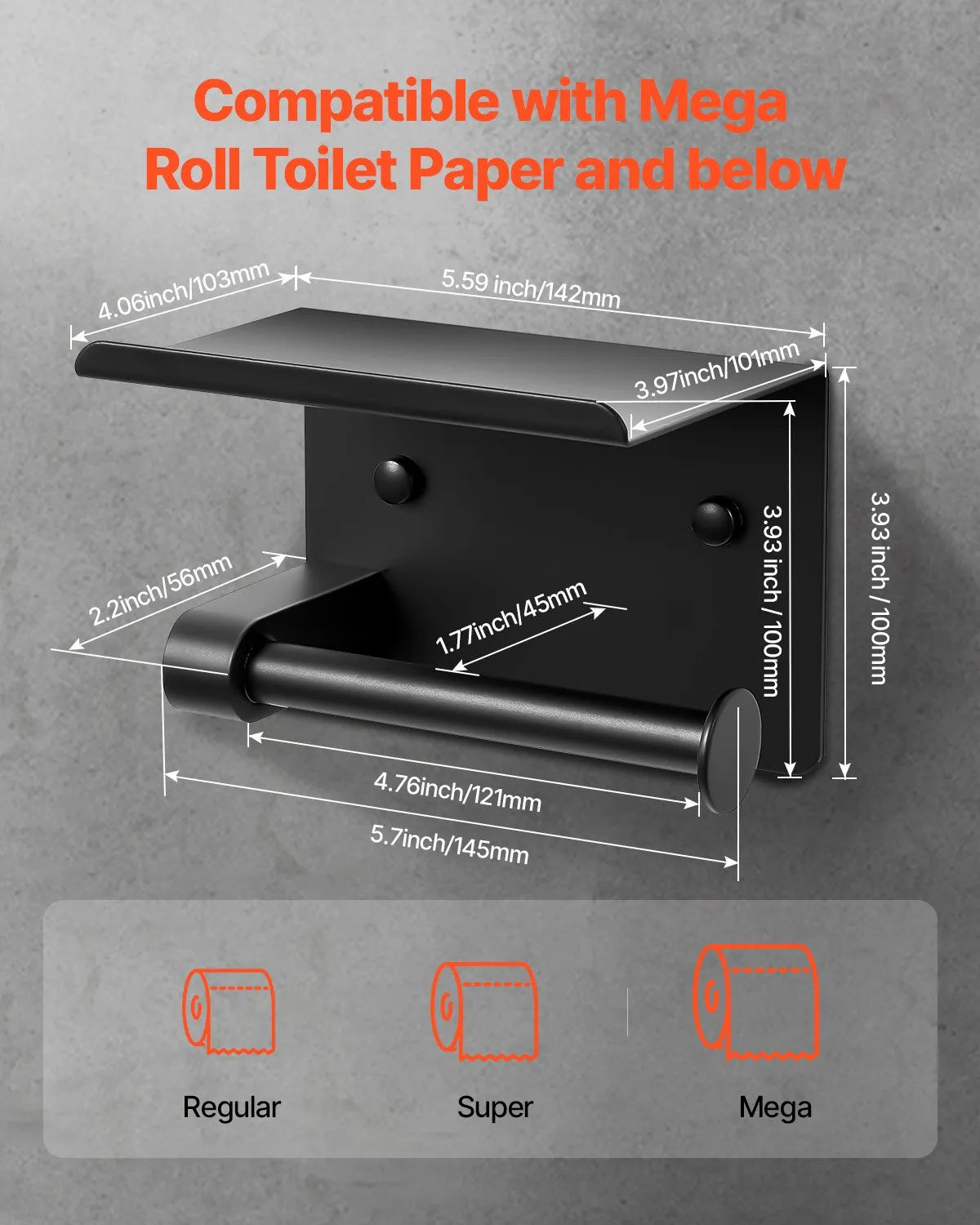 VEVOR Toilet Paper Holder with Shelf, Fits Mega Rolls Size, Stainless Steel Rustproof Material, Wall Mounted with Screws and Double-Sided Tape, Toilet Roll Tissue Holder for Bathroom, Matte Black