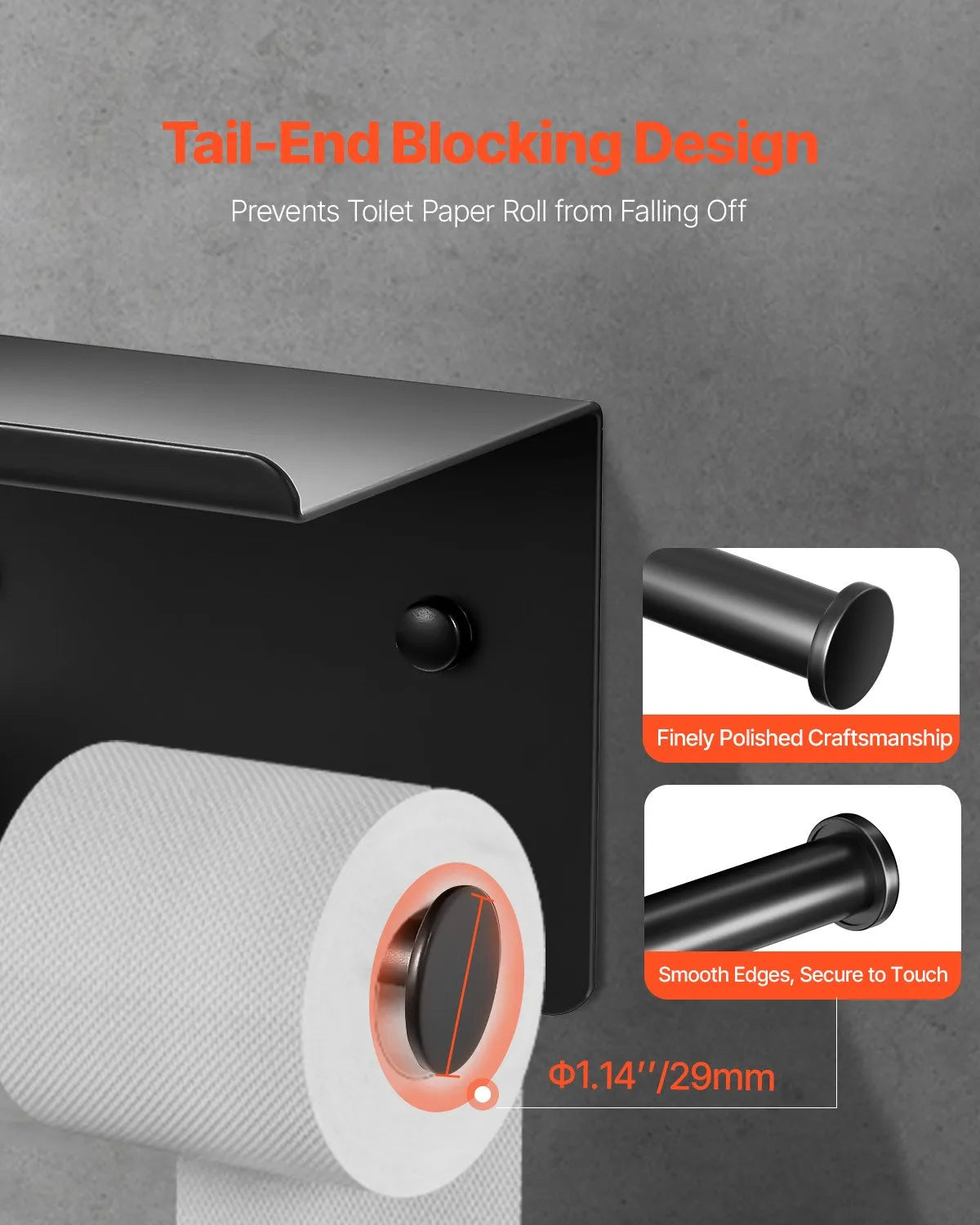 VEVOR Toilet Paper Holder with Shelf, Fits Mega Rolls Size, Stainless Steel Rustproof Material, Wall Mounted with Screws and Double-Sided Tape, Toilet Roll Tissue Holder for Bathroom, Matte Black