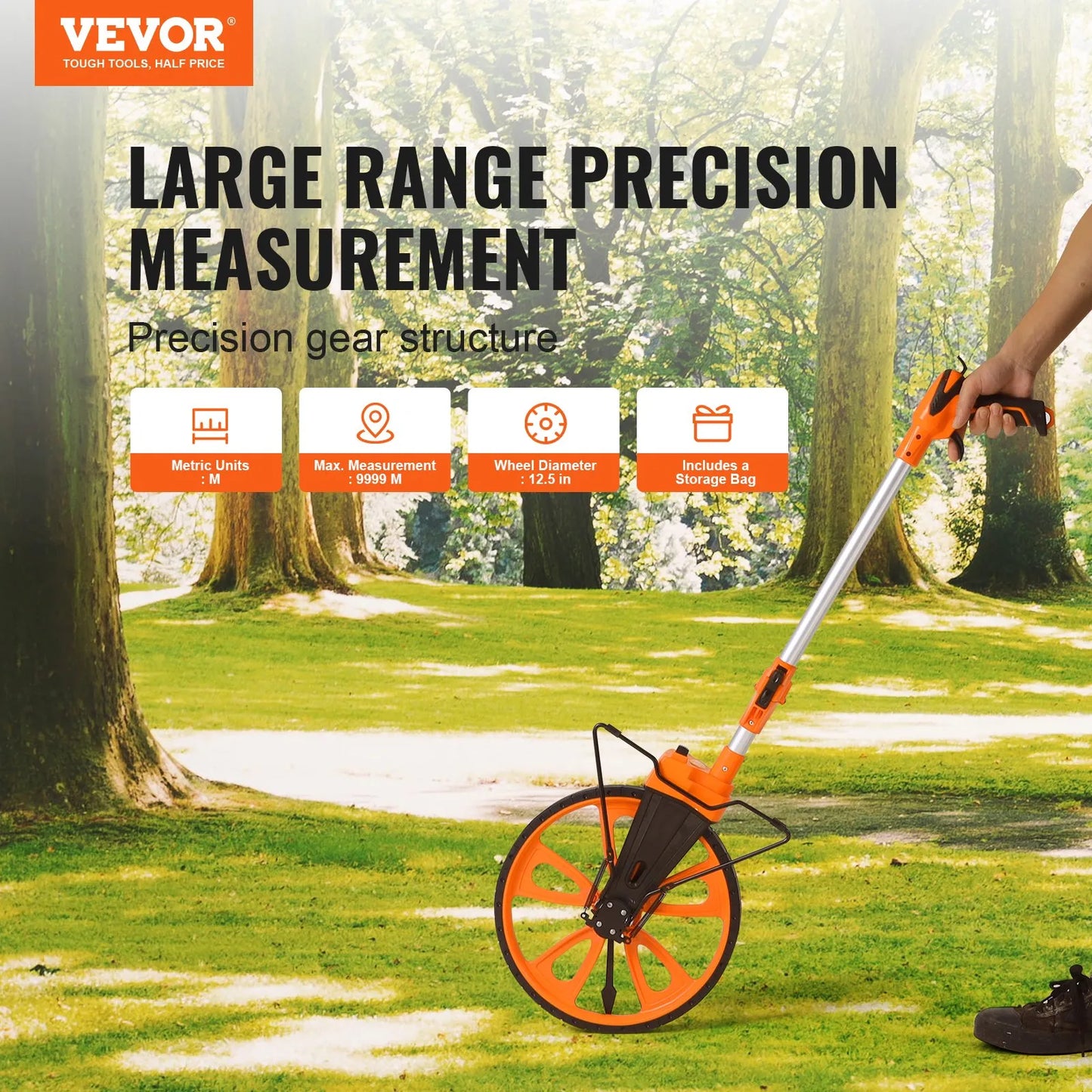 VEVOR Measuring Wheel in Inches, 12.5in Diameter Wheel, Centerline Design w/ Handbrake, 39.76-20.47 in Telescoping Measure Wheel,Measurement 0-9,999m with Bag (bag has damage)
