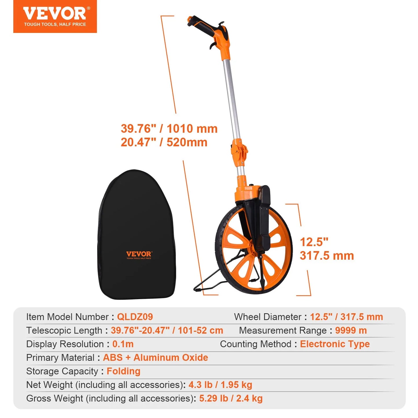 VEVOR Measuring Wheel in Inches, 12.5in Diameter Wheel, Centerline Design w/ Handbrake, 39.76-20.47 in Telescoping Measure Wheel,Measurement 0-9,999m with Bag (bag has damage)
