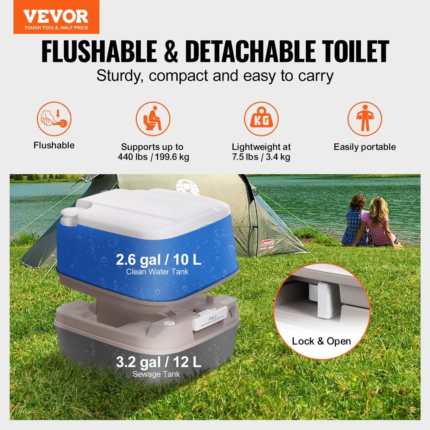 VEVOR Portable Toilet for Camping, Porta Potty with 3.2 Gal Waste Tank & 2.6 Gal Flush Tank, Push-Button Pressurized Flush Commode with Level Indicator, Travel Toilet for Adults Kids Camping Car Trips