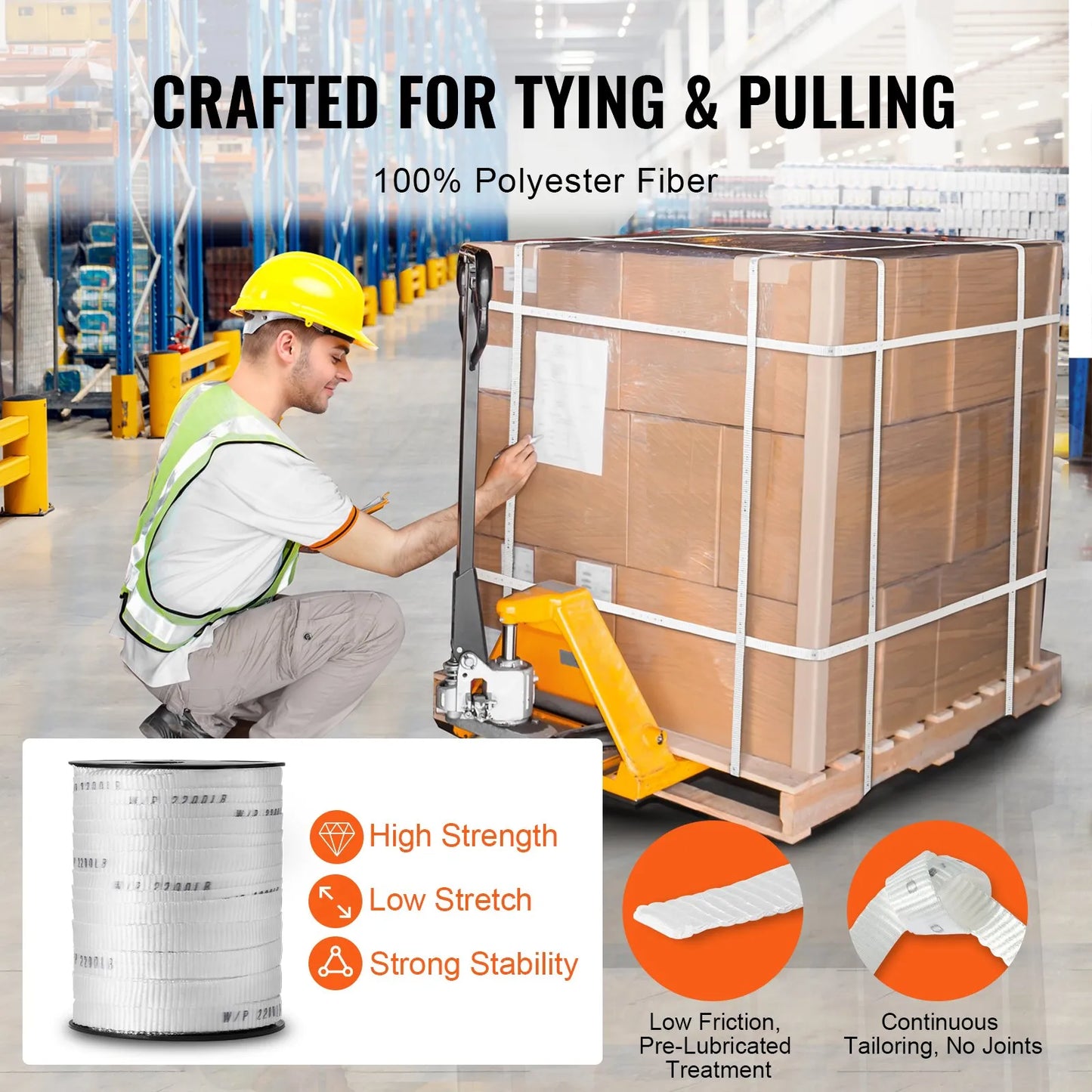 VEVOR Polyester Pull Tape, 58 x 318' Mule Tape Flat Rope, 2200 lbf Tensile Capacity, Printed Webbing Cable Pulling Tape for Packaging, Gardening, Commercial Electrical, Conduit Work, White