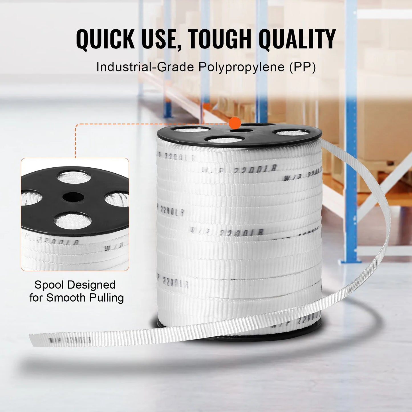 VEVOR Polyester Pull Tape, 58 x 318' Mule Tape Flat Rope, 2200 lbf Tensile Capacity, Printed Webbing Cable Pulling Tape for Packaging, Gardening, Commercial Electrical, Conduit Work, White
