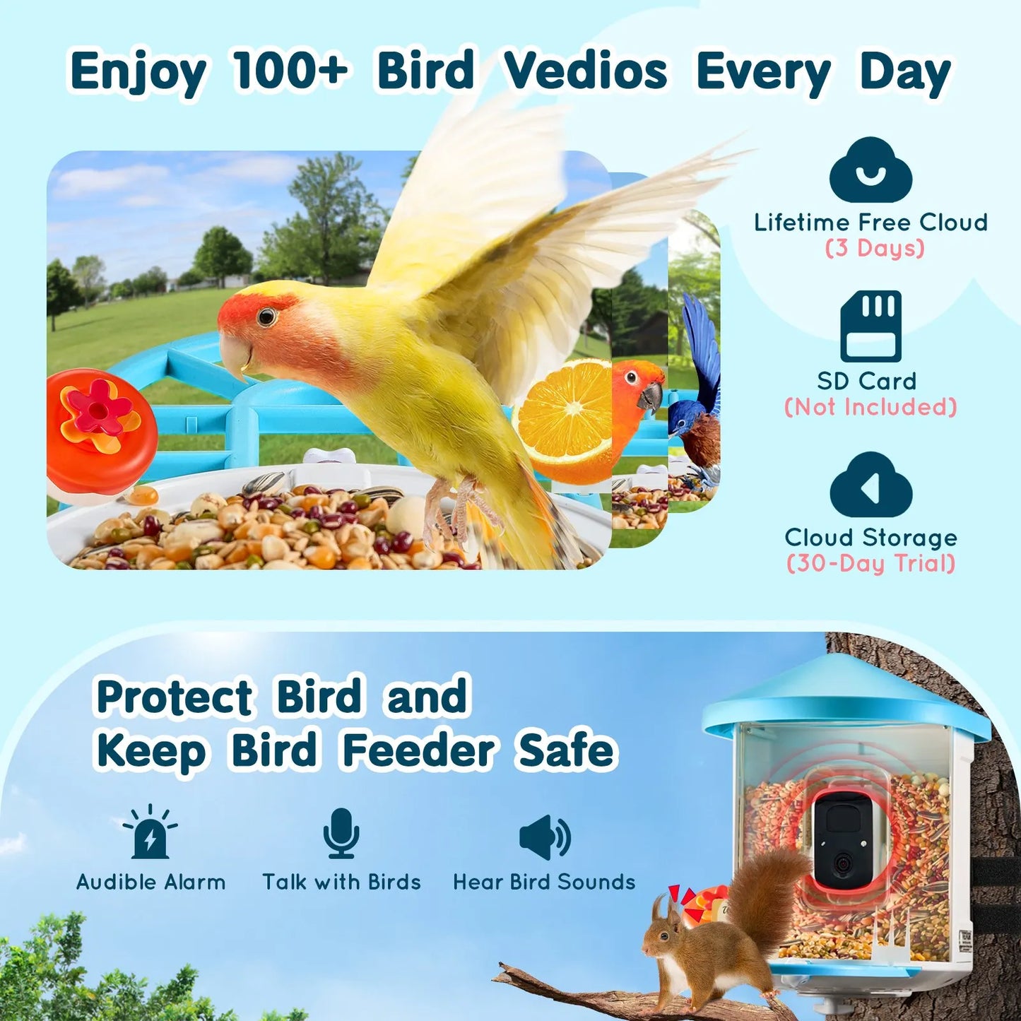 VEVOR Smart Bird Feeder with Camera, 2K HD AI Identify 10,000+ Bird Species, Solar-Powered Bird Watching Camera with Auto Capture & Instant Notify, Wireless Outdoor Ideal Gift for Bird Lovers (Green)
