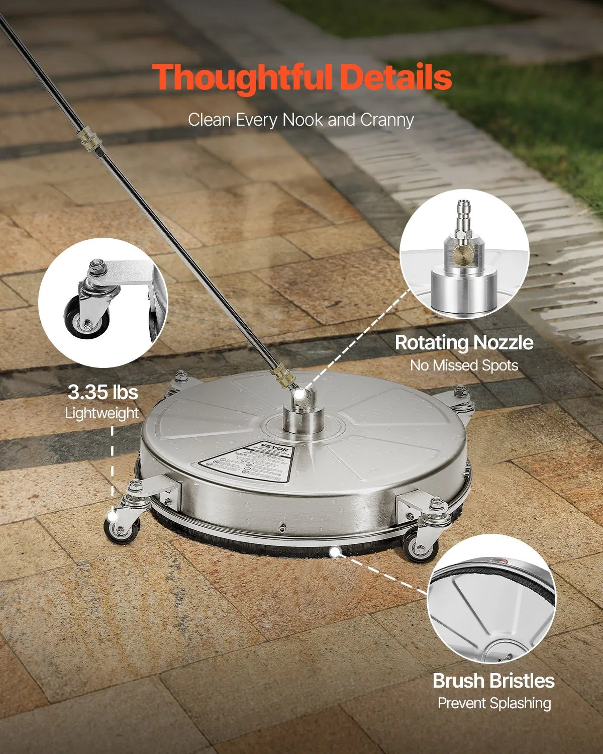 VEVOR 18 Pressure Washer Surface Cleaner, Stainless Steel Pressure Washer Attachments with 4 Wheels, 4000 Max PSI, 14 Quick Connector, 2 Spray Nozzles, 2 Extended Wands for Concrete, Patio, Deck