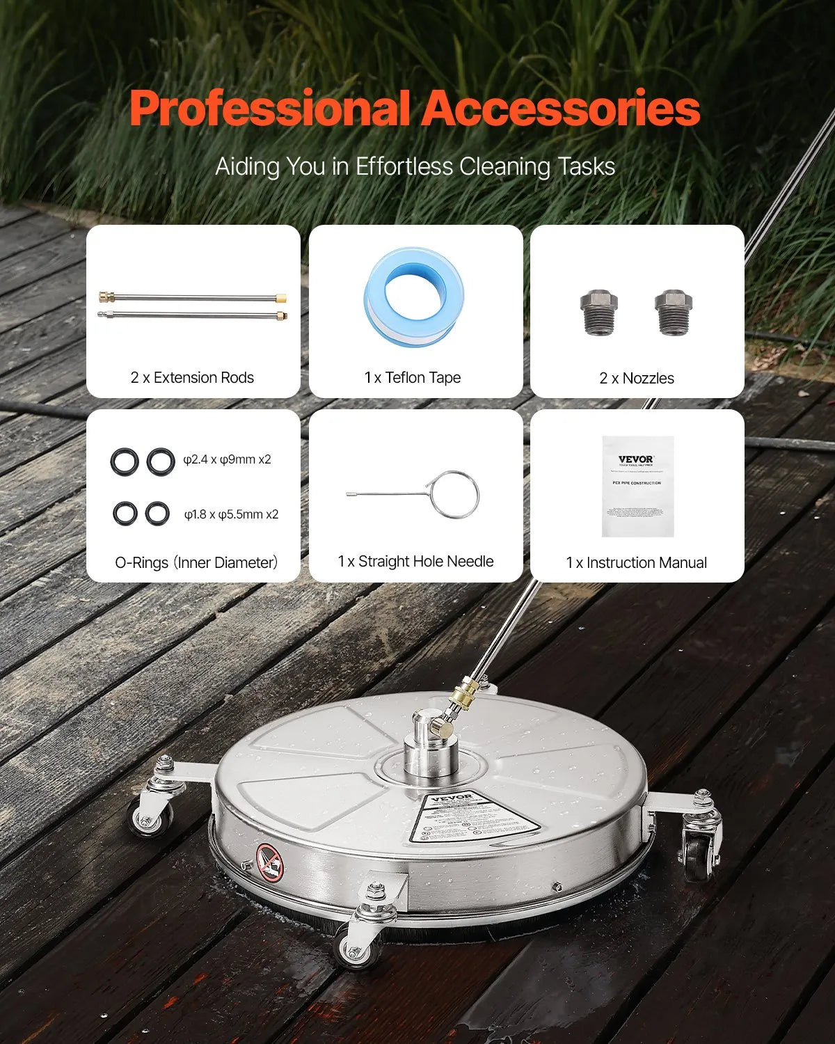 VEVOR 18 Pressure Washer Surface Cleaner, Stainless Steel Pressure Washer Attachments with 4 Wheels, 4000 Max PSI, 14 Quick Connector, 2 Spray Nozzles, 2 Extended Wands for Concrete, Patio, Deck