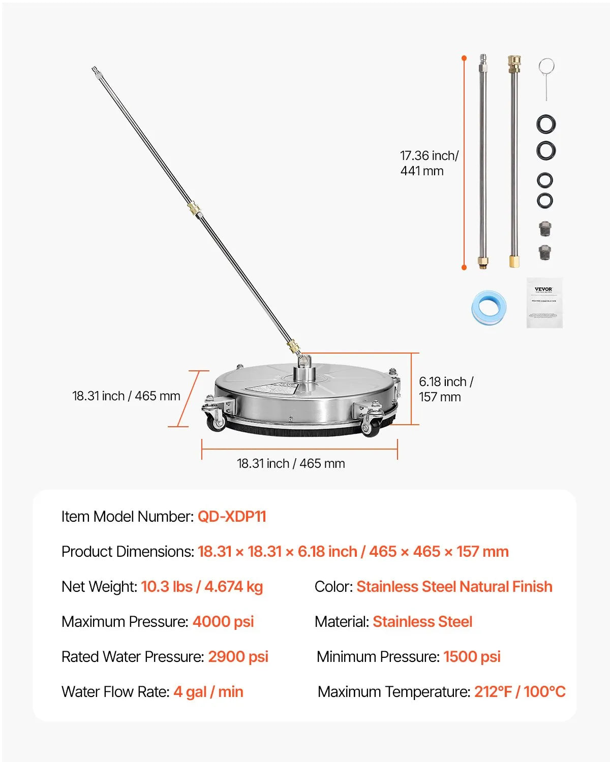 VEVOR 18 Pressure Washer Surface Cleaner, Stainless Steel Pressure Washer Attachments with 4 Wheels, 4000 Max PSI, 14 Quick Connector, 2 Spray Nozzles, 2 Extended Wands for Concrete, Patio, Deck