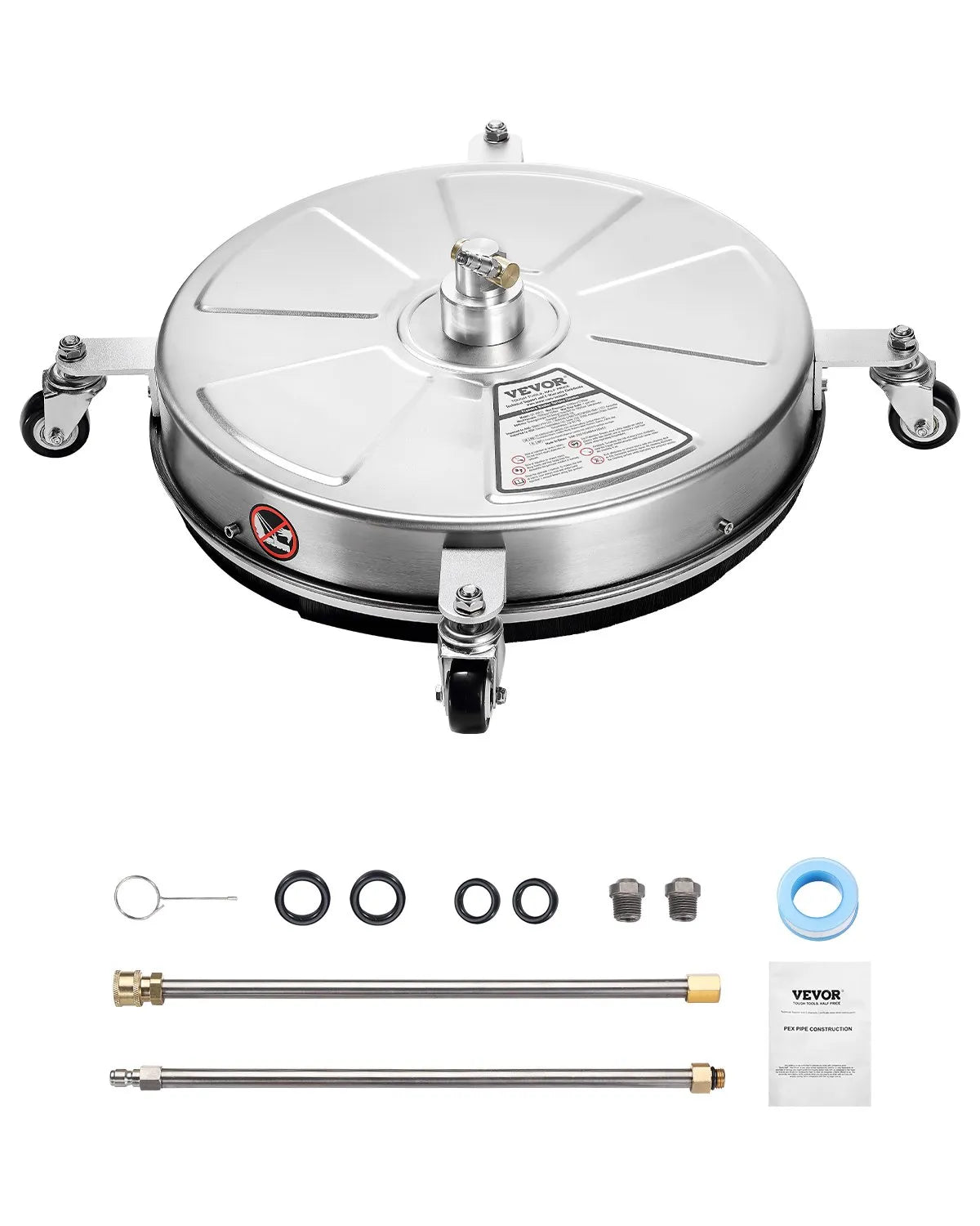VEVOR 18 Pressure Washer Surface Cleaner, Stainless Steel Pressure Washer Attachments with 4 Wheels, 4000 Max PSI, 14 Quick Connector, 2 Spray Nozzles, 2 Extended Wands for Concrete, Patio, Deck