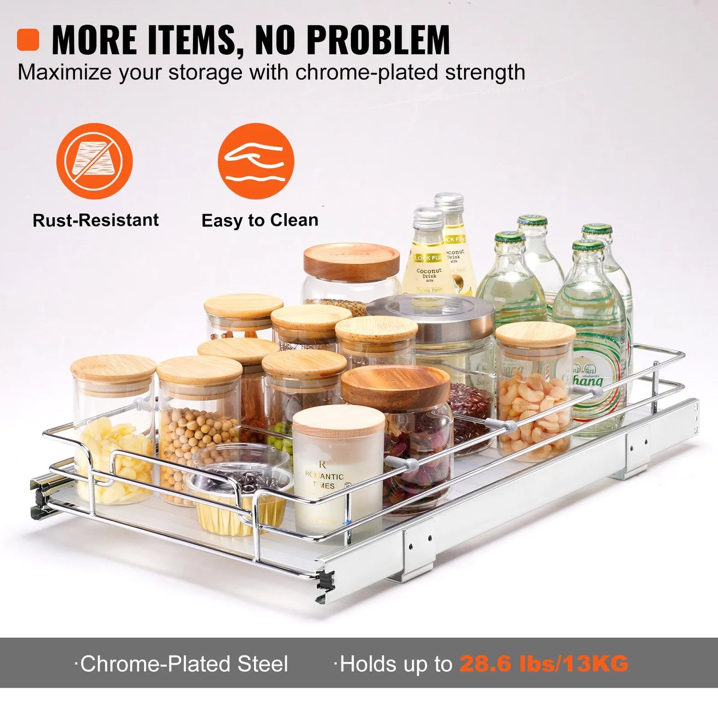 VEVOR 12.5Wx21Dx3.5H Pull Out Cabinet Organizer, Heavy Duty Slide Out Pantry Shelves, Steel Roll Out Drawers, Sliding Drawer Storage for Home Under Sink, 14Wx22Dx7H Install Size for Cabinet
